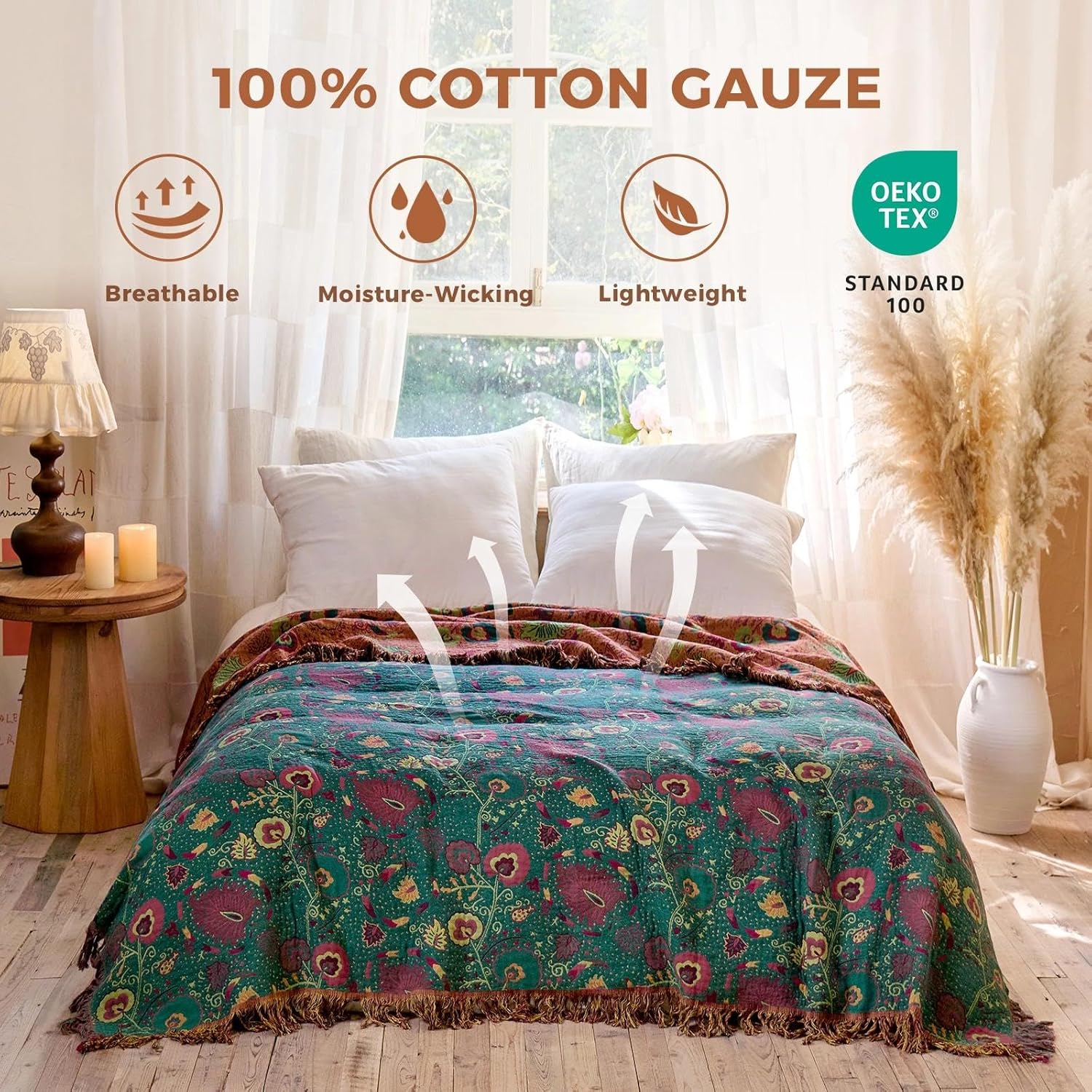 Boho Throw Blanket for Bed 100% Cotton Soft Lightweight Quilt Home Decor Bed Blanket,Floral Embroidery Reversible All Season Bohemian Breathable Twin Throws for Sofa Couch Chair 60"×80" - Image 2