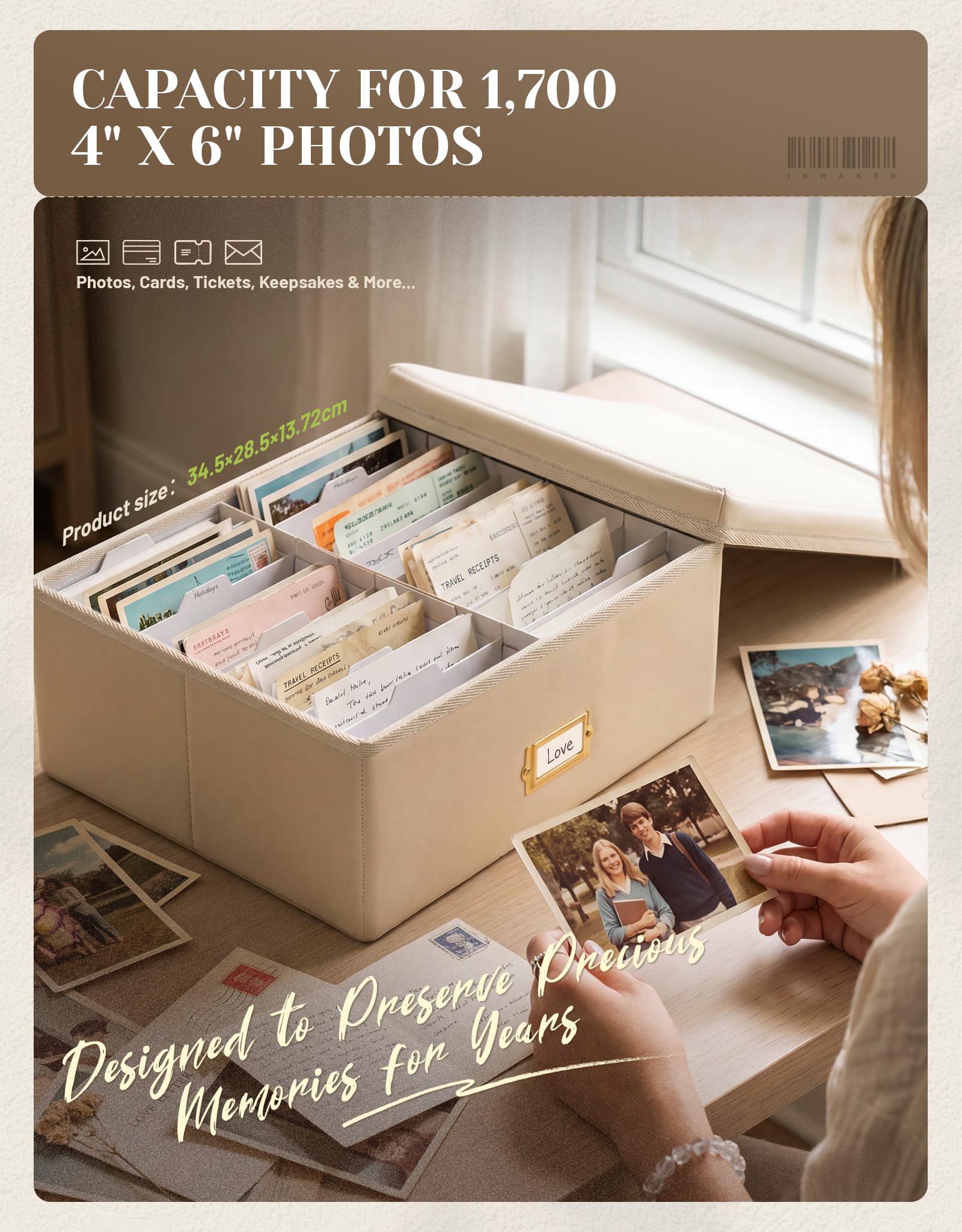 INMAKER Boîte de rangement pour photos en cuir synthétique Blanc 10 x 15 cm
