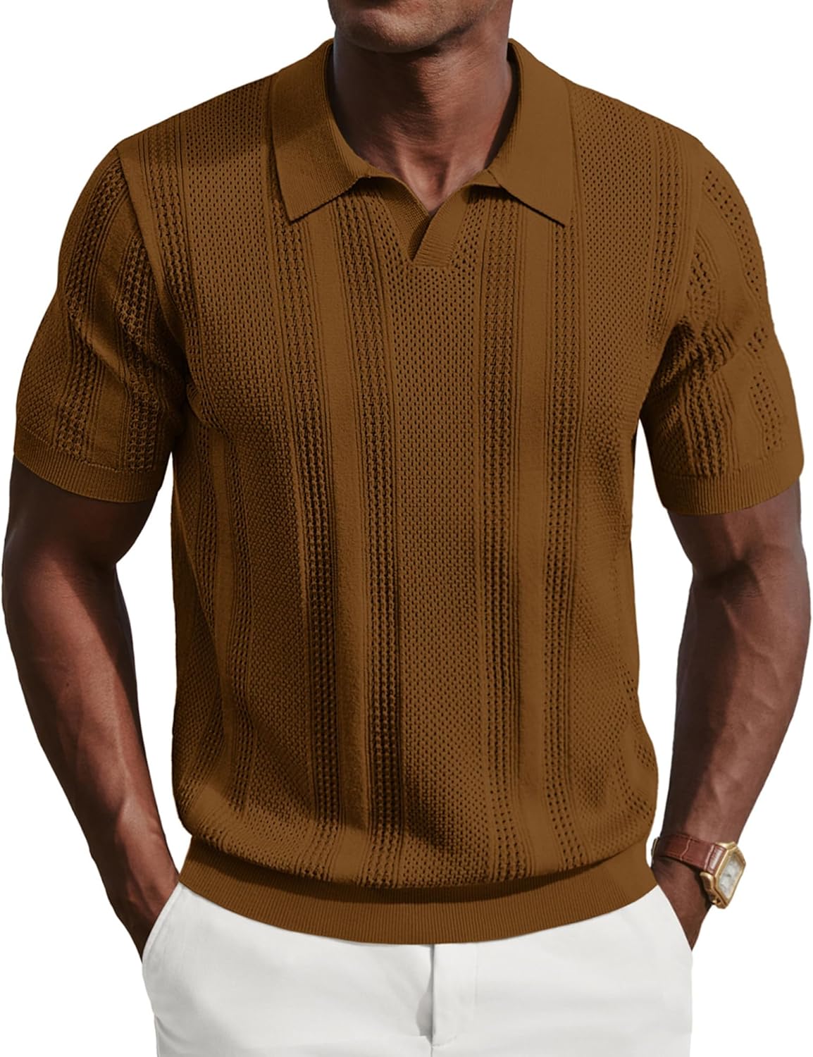 PJ PAUL JONES Mens Polo Shirts Short Sleeve V Neck Knit Shirt Casual Golf Polos