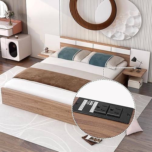 Miniatura 8 de SOFTSEA Marco de cama Queen con puertos USB y enchufes, plataforma de madera con cabecero y estantes