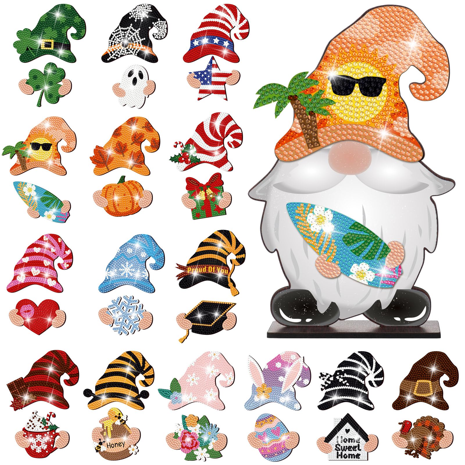 Juexica 32 Pcs Magnetic Diamond Painting Interchangeable Standing Posture Gnome Decor DIY Seasonal Gnome Sign Holiday Tiered Tray Decoration with Magnet Pieces for Home Office Desk (Adorable)