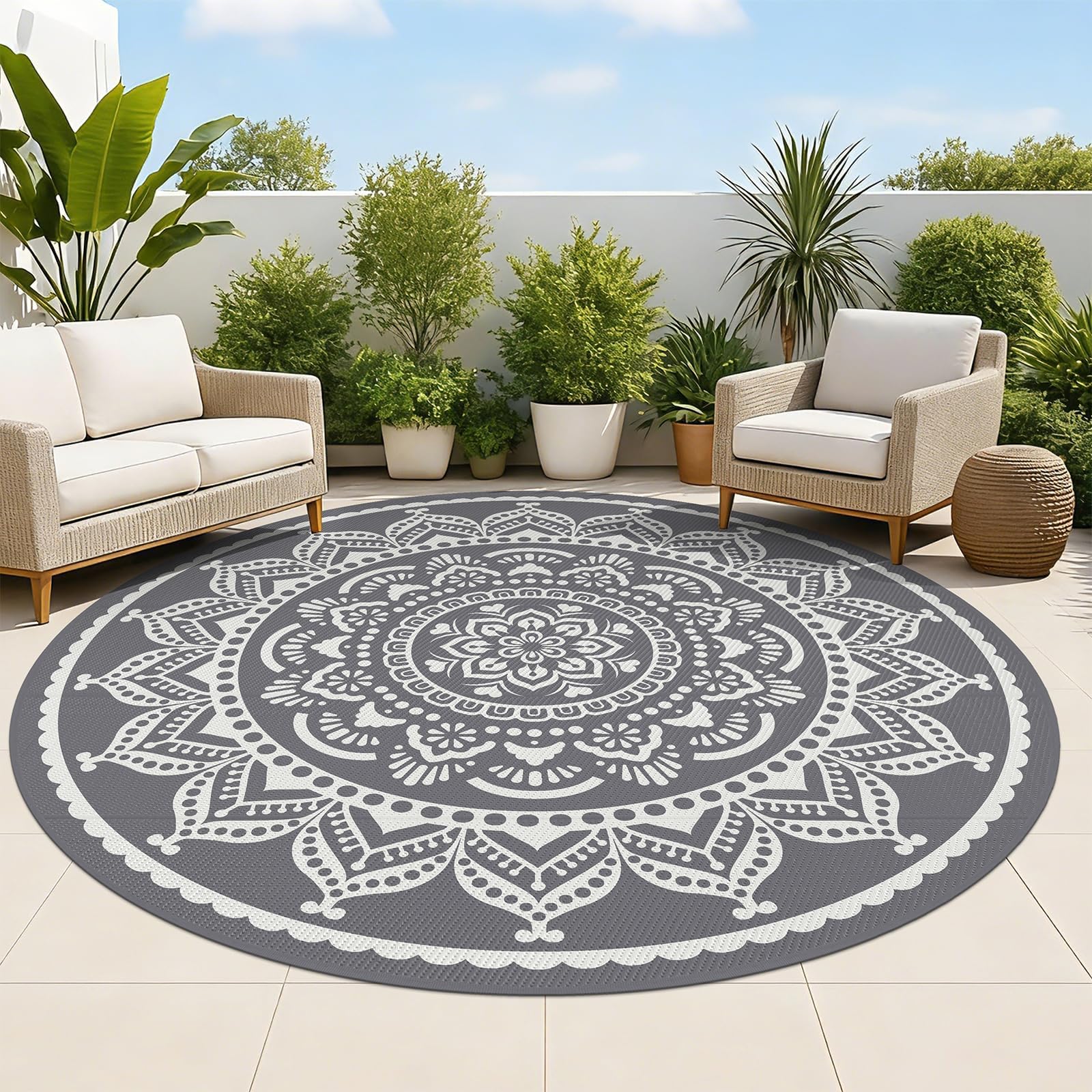 Bsmathom Waterproof Outdoor Rug 8ft Round Reversible Boho Plastic Straw Patio Deck Camping Rugs, Indoor Outdoor Portable RV Mat Carpet for Outside, Porch, Balcony, Backyard, Beach, Pool, Grey
