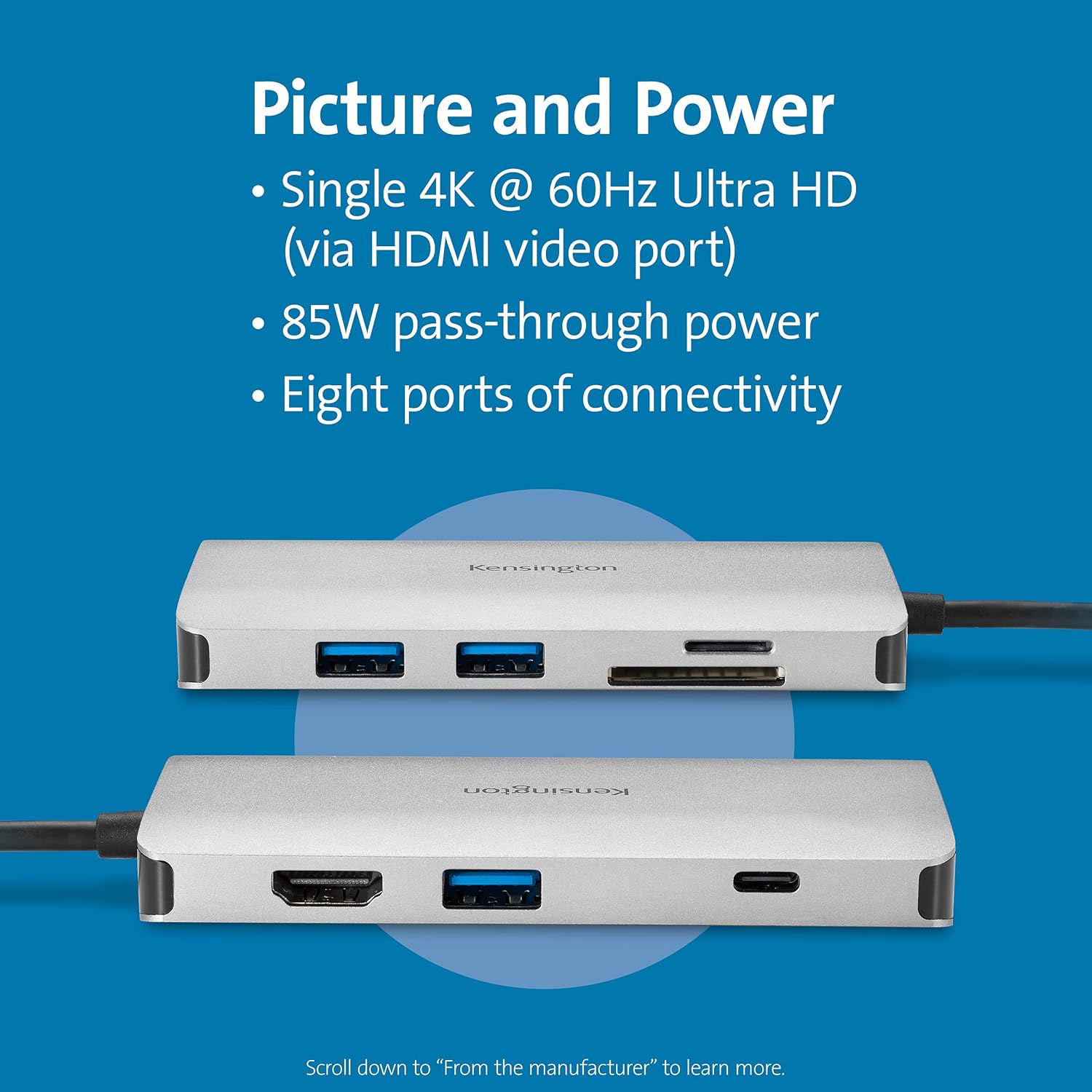 Kensington UH1400P USB-C 8-in-1 Driverless Mobile Hub with 85W Power Charging for USB-C Laptops (K33820WW) : Everything Else