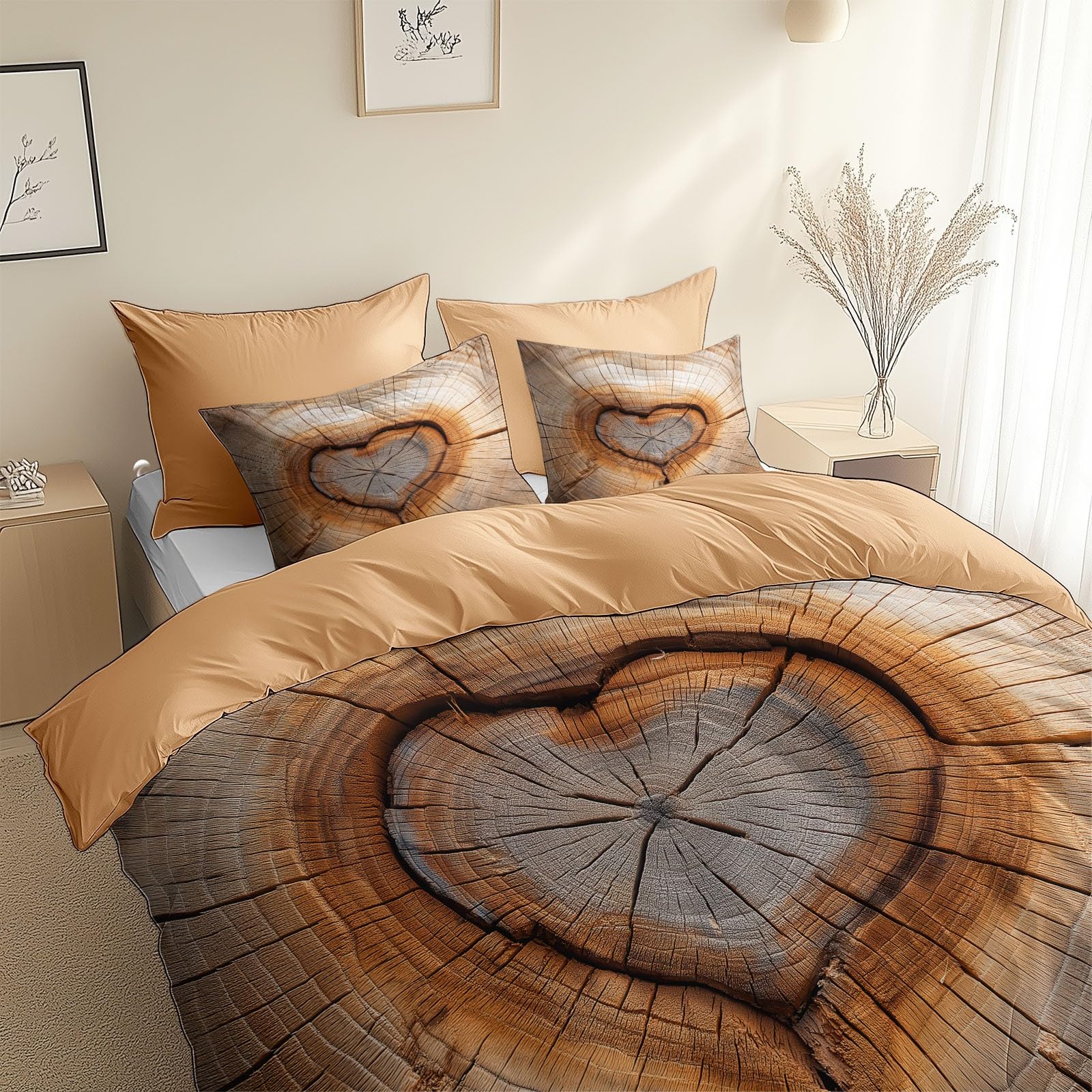 3-częściowa poszewka na kołdrę w kolorze jasnobrązowym, ekstremalny minimalizm, z rysunkiem słojów drewna, w kształcie serca, dla chłopców i dziewczynek, młodzieży, dwustronna pościel 240 x 220 cm z 2