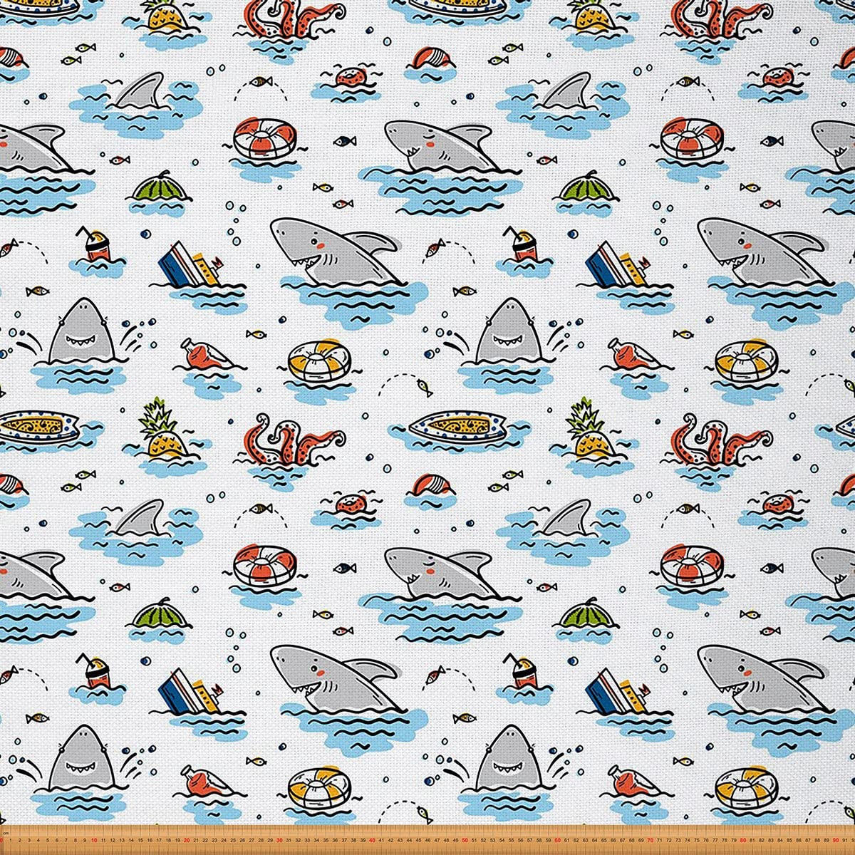 Homewish Multi 19 Shark Fabric By The Yard Pineapple Upholstery Fabric Cartoon Ocean Waves Decor Fabric Ship Octopus Tentacle Indoor Outdoor Fabric Sea Fish Fruit Diy Art Waterproof Fabric Grey Blue 1 Yard