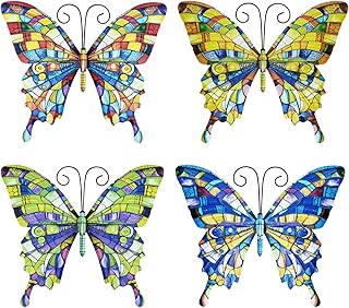 4PCS Metal Butterfly Wall Decor, 9.8in Butterfly Hanging Decorations, Outdoor Wall Art for Fence, Garden, Yard and Patio, Bright-Coloured Fence Decorations Outdoor, Garden Accessories