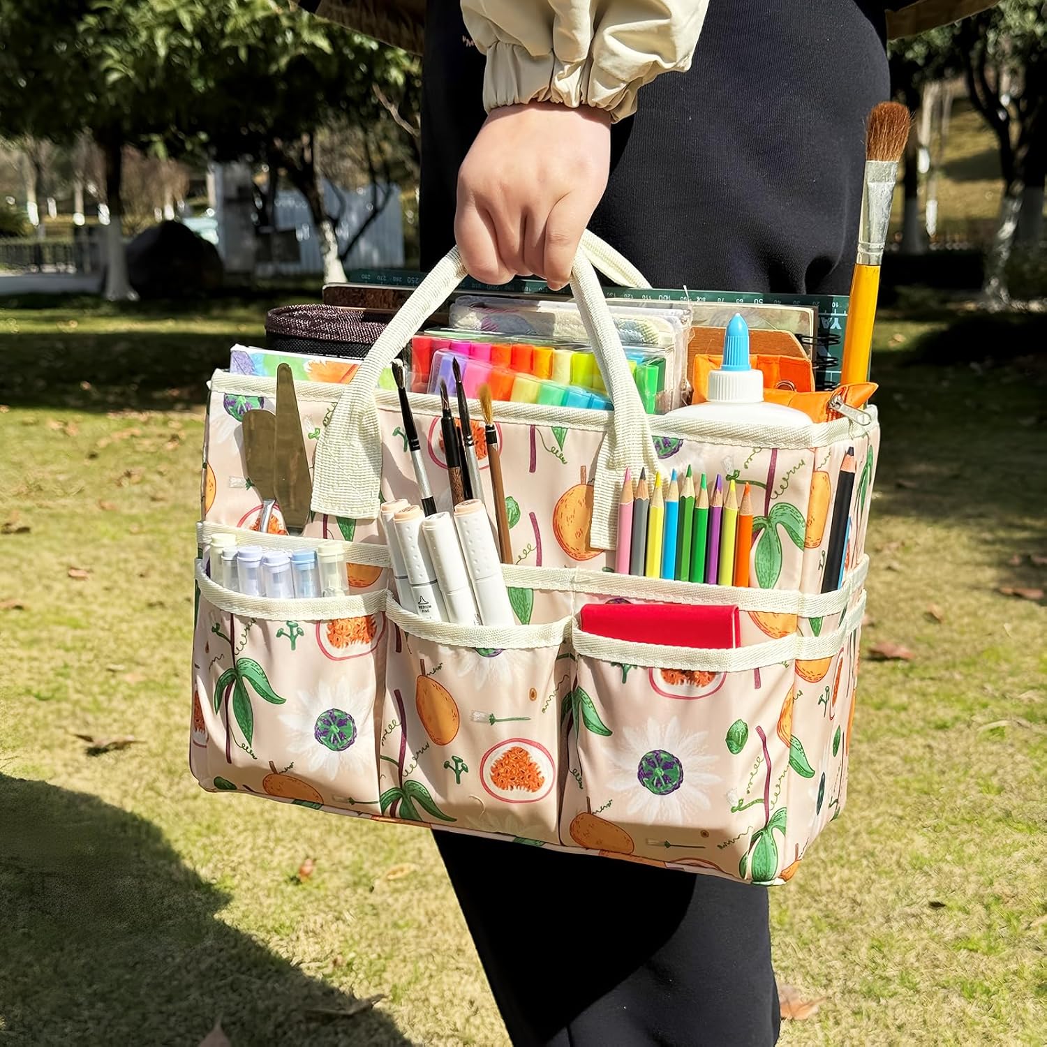 Craft Organizer Tote Bag with Multiple Pockets, Large Art Storage Caddy with Handles for Art, Craft, Sewing, Make-up，Scrapbooking, Medical, and Office Supplies Storage.Orange Fig