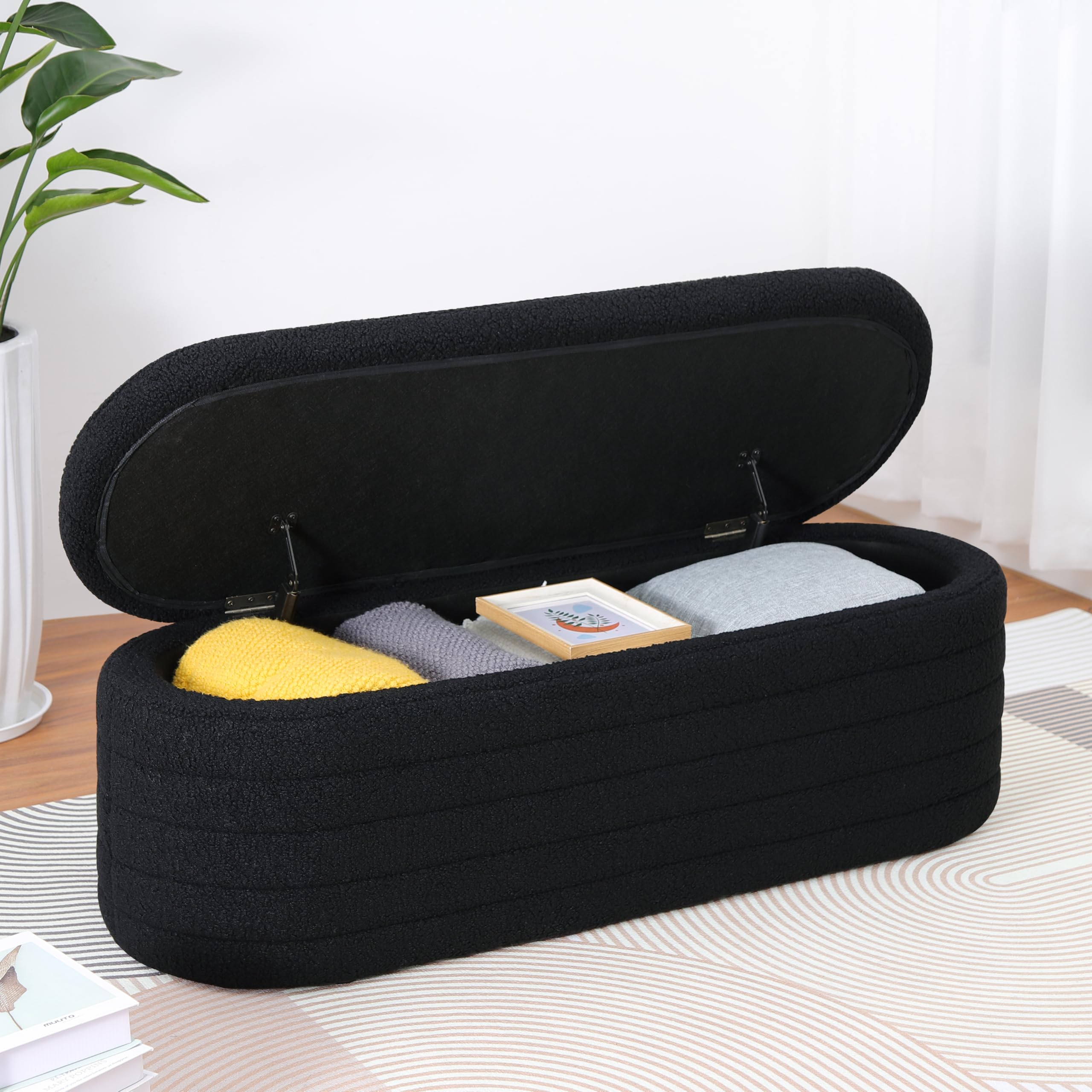 Sitzhocker mit Stauraum, Teddystoff Bank mit Stauraum，Moderner Sitzbank Schlafzimmer, Polsterbank für Wohnzimmer, Flur (Schwarz 117x41,5x40 cm)