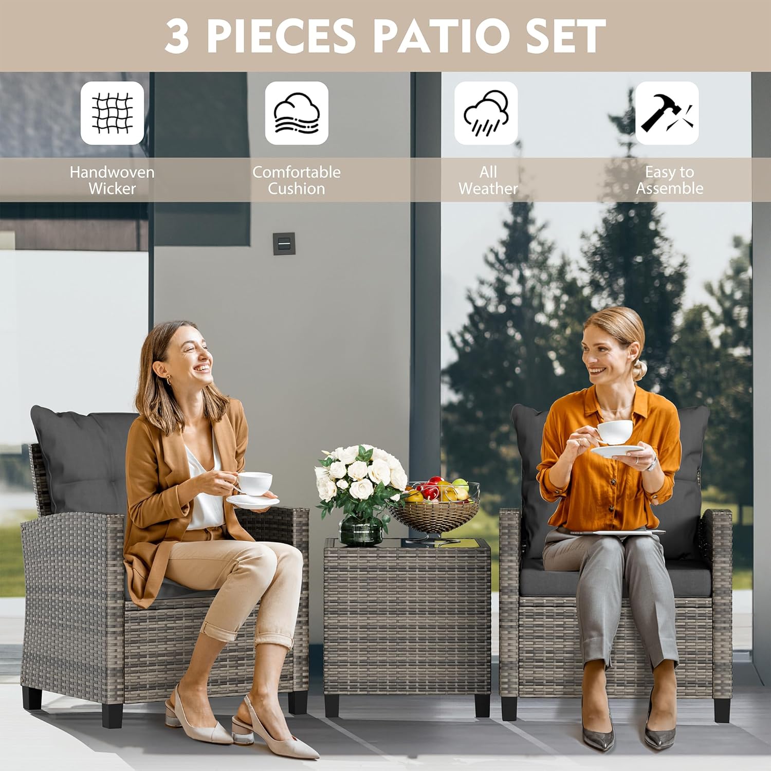 Vongrasig 3 Pieces Patio Furniture Set Small Outdoor Wicker Rattan Front Porch Bistro Set Cushioned Patio Chairs Conversation Set with Glass Table for Lawn, Garden, Backyard, Balcony, Gray