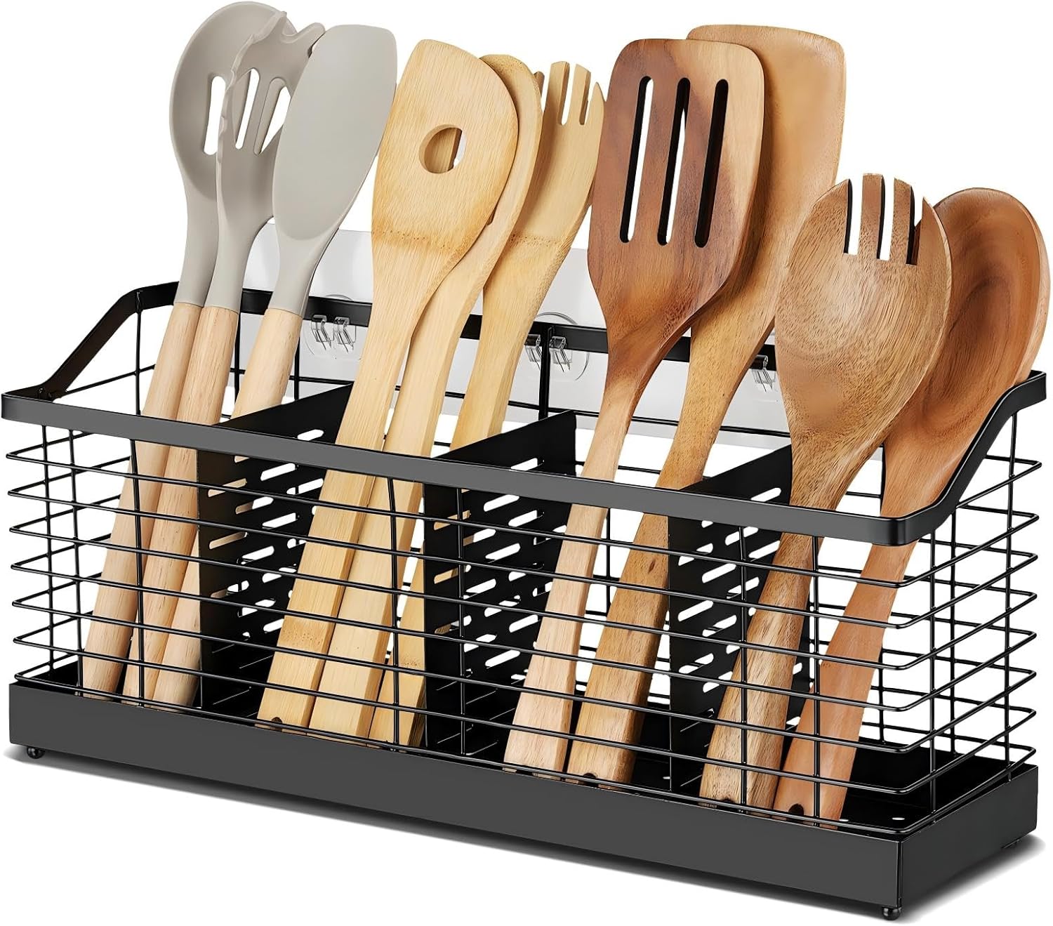 Large Stainless Steel Utensil Holder for Kitchen Counter, 4 Compartment Organizer for Cutlery, Forks, Knives, Spoons, Cooking Tools, Durable & Rustproof Cooking Utensils Storage Rack