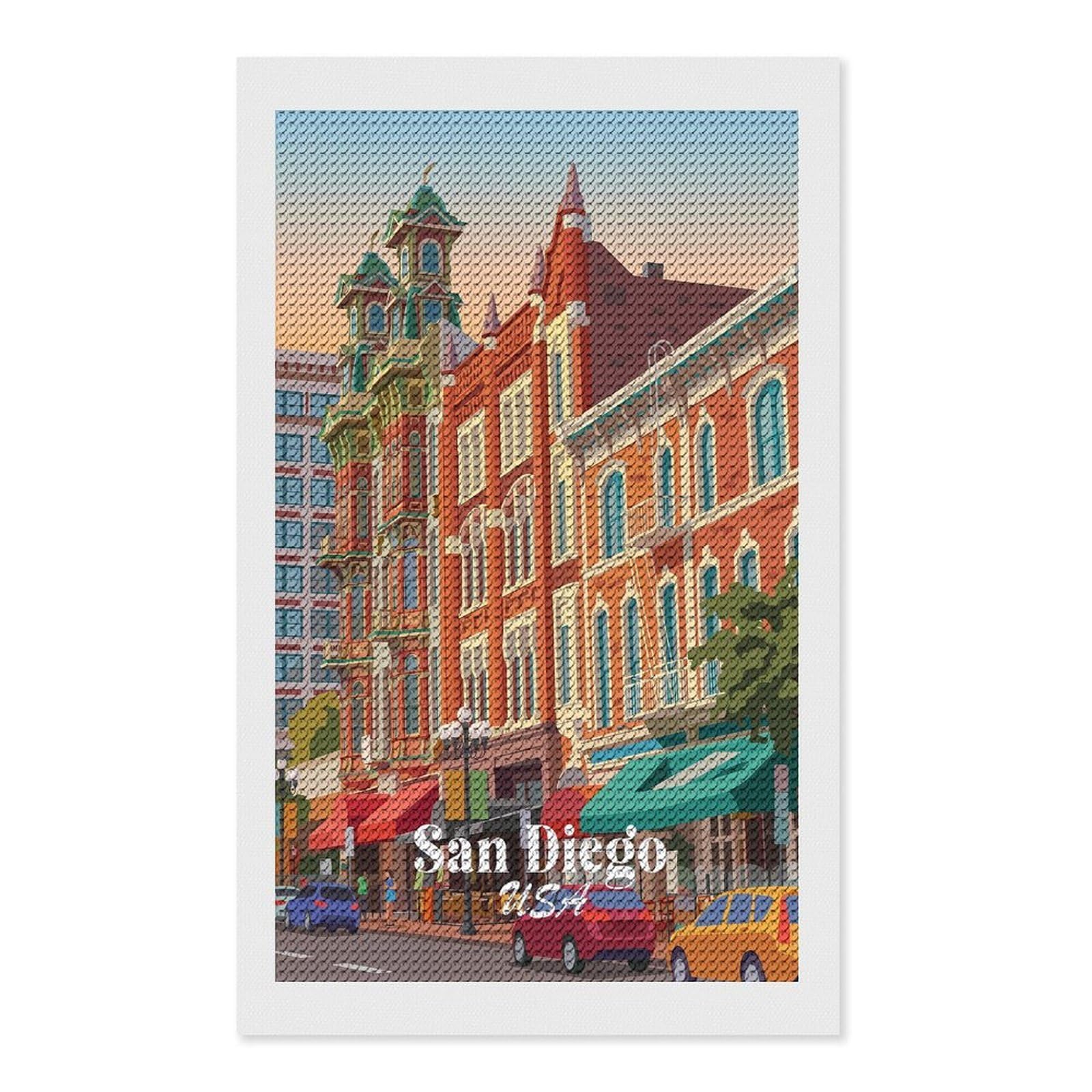 Junmoney San Diego USA DIY Diamond Art Canvas Kit 12"x20", Farmhouse Decor, Vintage Style Decor, Handmade Wall Decor, Canvas Picture
