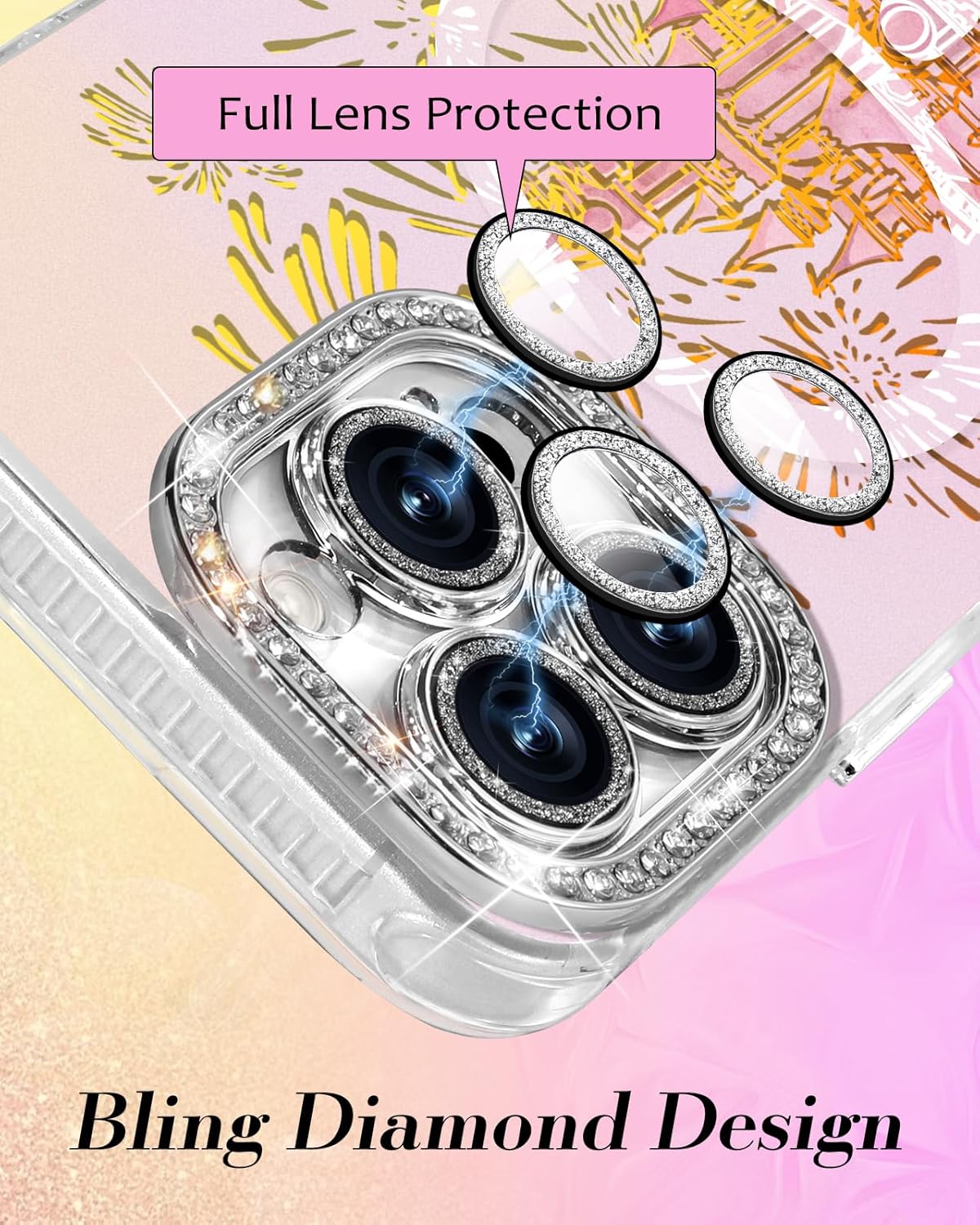Toycamp for iPhone 16 Pro Max Case - Compatible with Magsafe Aesthetic Cute Fireworks Castle Holographic i 16 ProMax Case with Diamond Bling Lens Protector for Apple 16 Pro Max Cover for Women Girls - Image 4