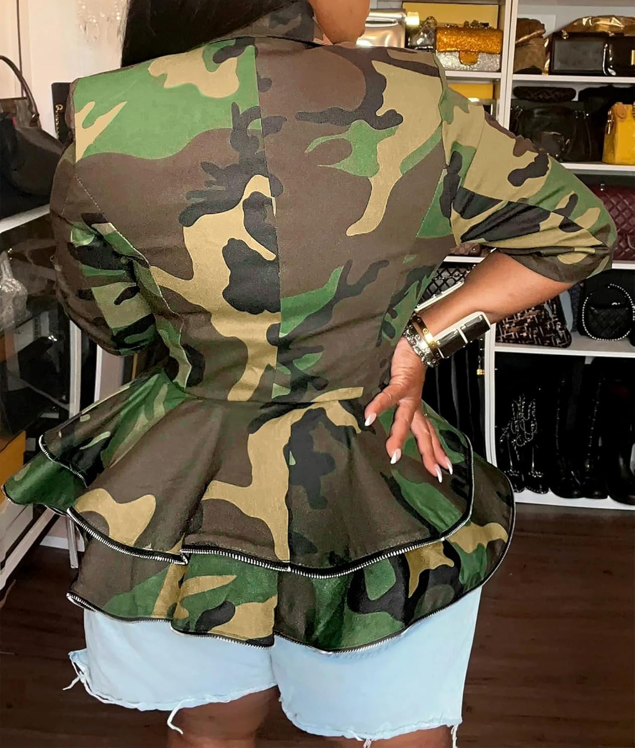 Vakkest Women's Camo Blazer Jacket Long Sleeve Casual Ruffle Hem Lapel Neck Double Breasted Tiered Peplum Blouse Tops - Image 3