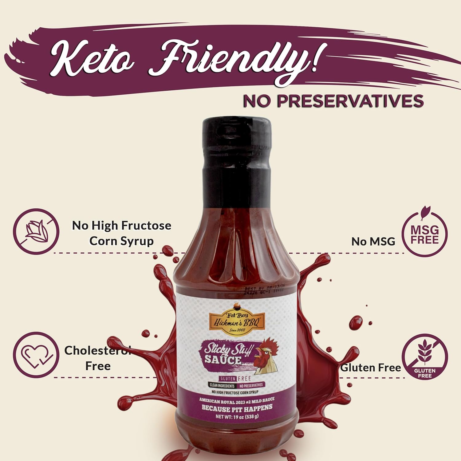 Fat Boy Hickman's BBQ Sticky Stuff Sauce PACK OF 2 - Perfect for Beef, Pork, Chicken, Pulled Pork and Ribs - Clean Ingredients, Gluten Free, No MSG & No High Fructose Corn Syrup - 19 oz (538 g)
