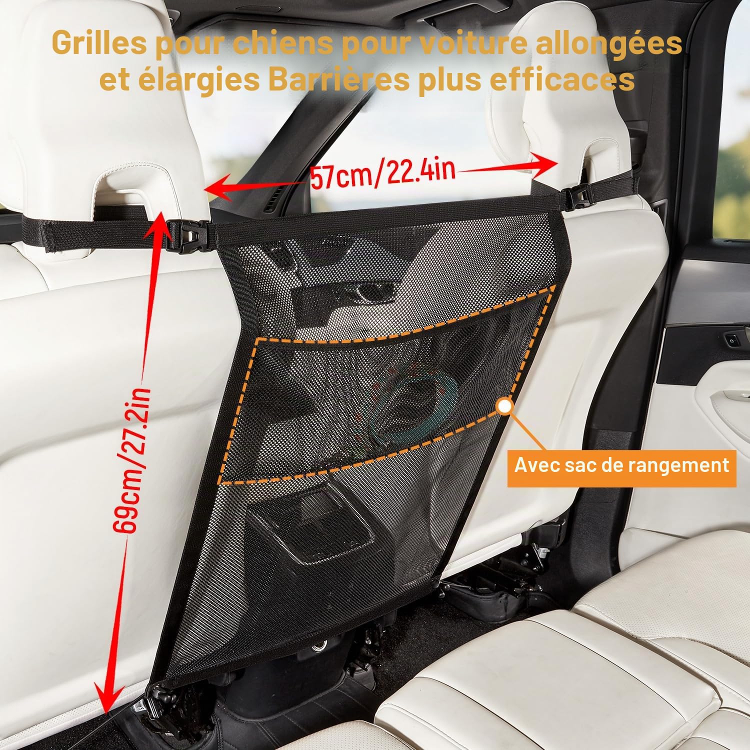 GGW Grille Pare-Chien pour Siège Arrière Voiture avec Poches, Universel | Filet de séparation pour siège avant. Barrière de sécurité contre les chiens pour siège arrière. Ajustement universel.