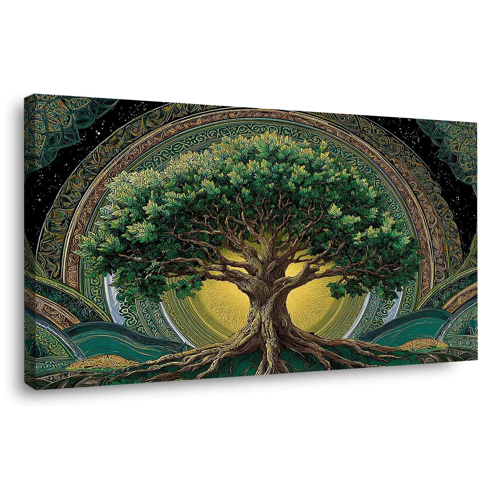 WIKEO Drzewo życia druk na płótnie malarstwo ścienne abstrakcyjne drzewo życia nowoczesny salon jadalnia łazienka kuchnia i biuro obraz plakat (zielony) - 60 x 120 cm oprawiony