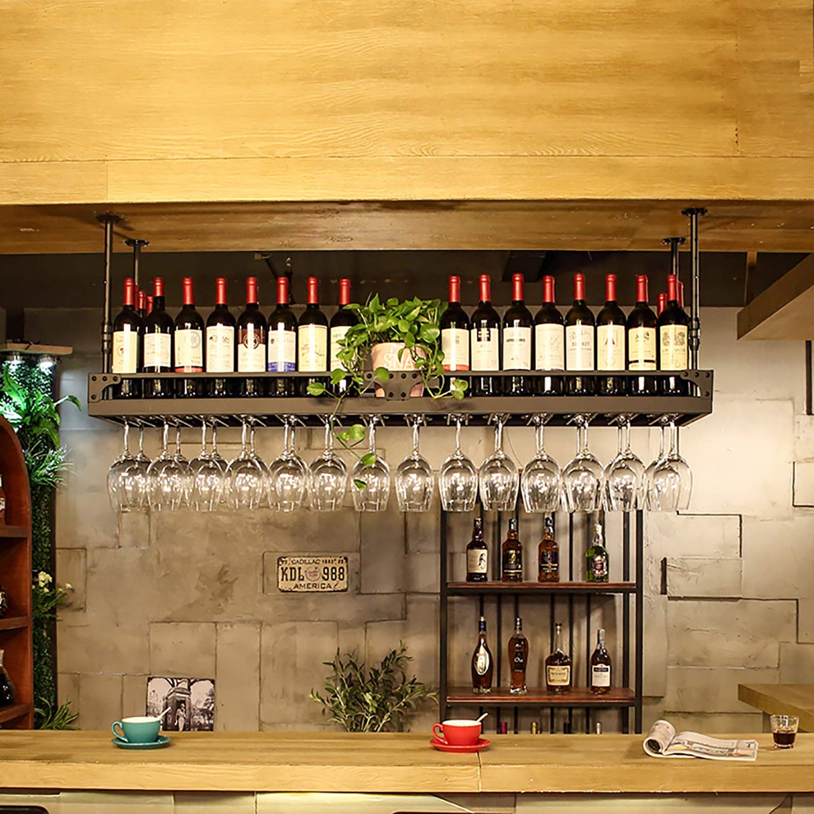 Étagère à vin suspendue au plafond ULAINE : casier à gobelets réglable style industriel vintage
