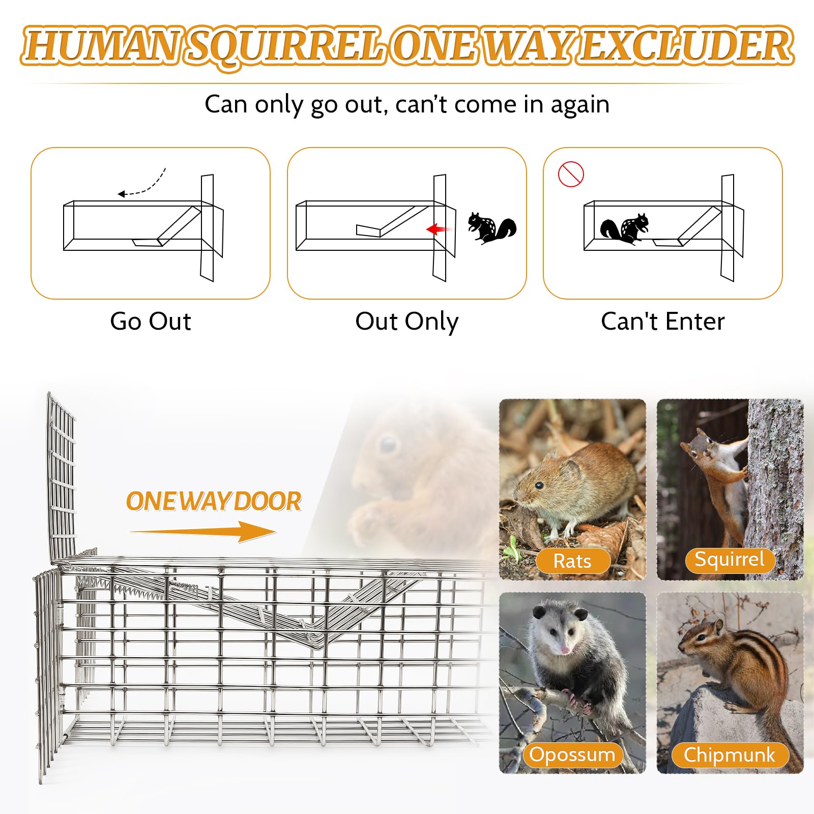 Lettry Lot de 2 boudins de porte unidirectionnels en forme d'écureuil, cage d'animaux, écureuils humains, tamias sans contact, pour espaces extérieurs comme greniers, cheminées – Comprend un kit