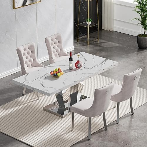 Miniatura 2 de Juego de 5 mesas de comedor de mármol sintético, juego de mesa de cocina y comedor para 4, mesa de comedor rectangular blanca de 70 pulgadas con