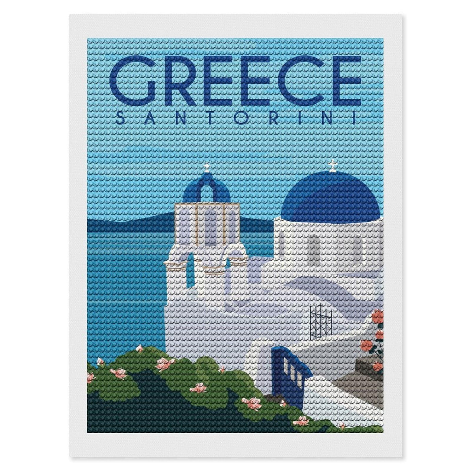 Junmoney Santorini Greece Diamond Painting Kit 12"x16", Easy Handmade Project, Cosy Home Accent, for Craft Lovers, Holiday Gift Idea