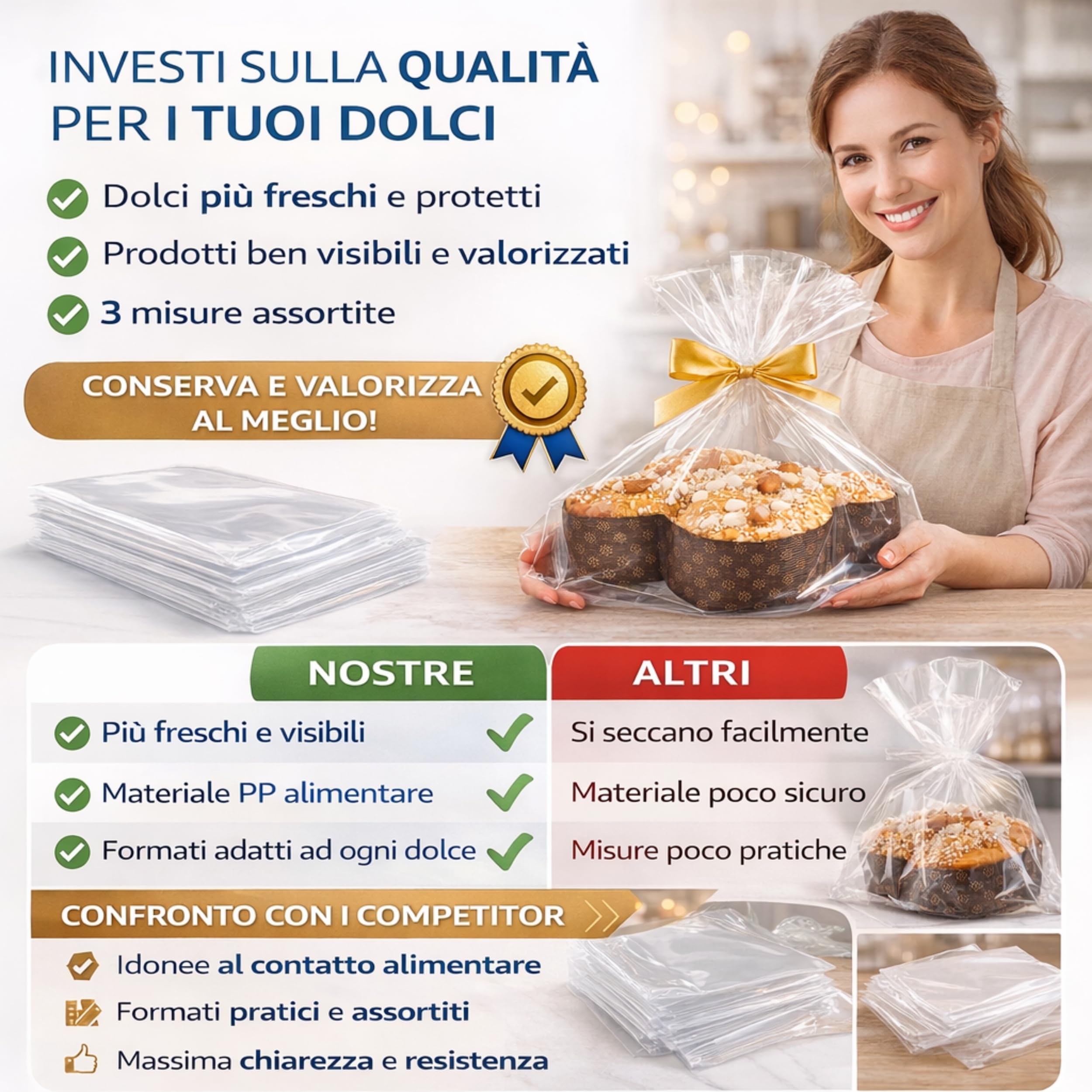 50 Buste Trasparenti Per Confezioni Alimentari in Polipropilene PP, IDEALE PER: Colomba, Panettone e Pandoro, Idonee al Contatto Alimentare, Alta Trasparenza, (50 Buste Porta Colombe, 35 x 43 cm)