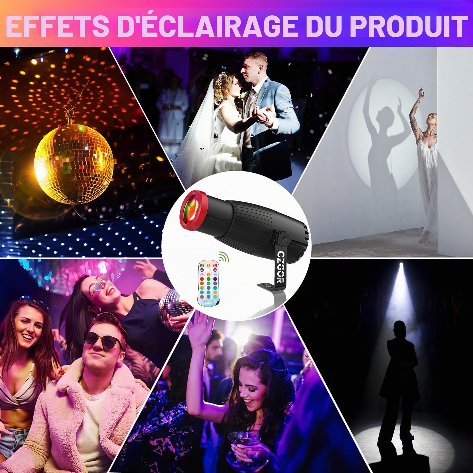 Pinspot Lumière, Czgor 18W Projecteur à Focale Manuelle pour Boule Disco | RGBW 4 en 1 LED, 16 Couleurs avec Télécommande, Éclairage de Scène pour Miroir, DJ, Disco, Party, Club, Bar, Mariage