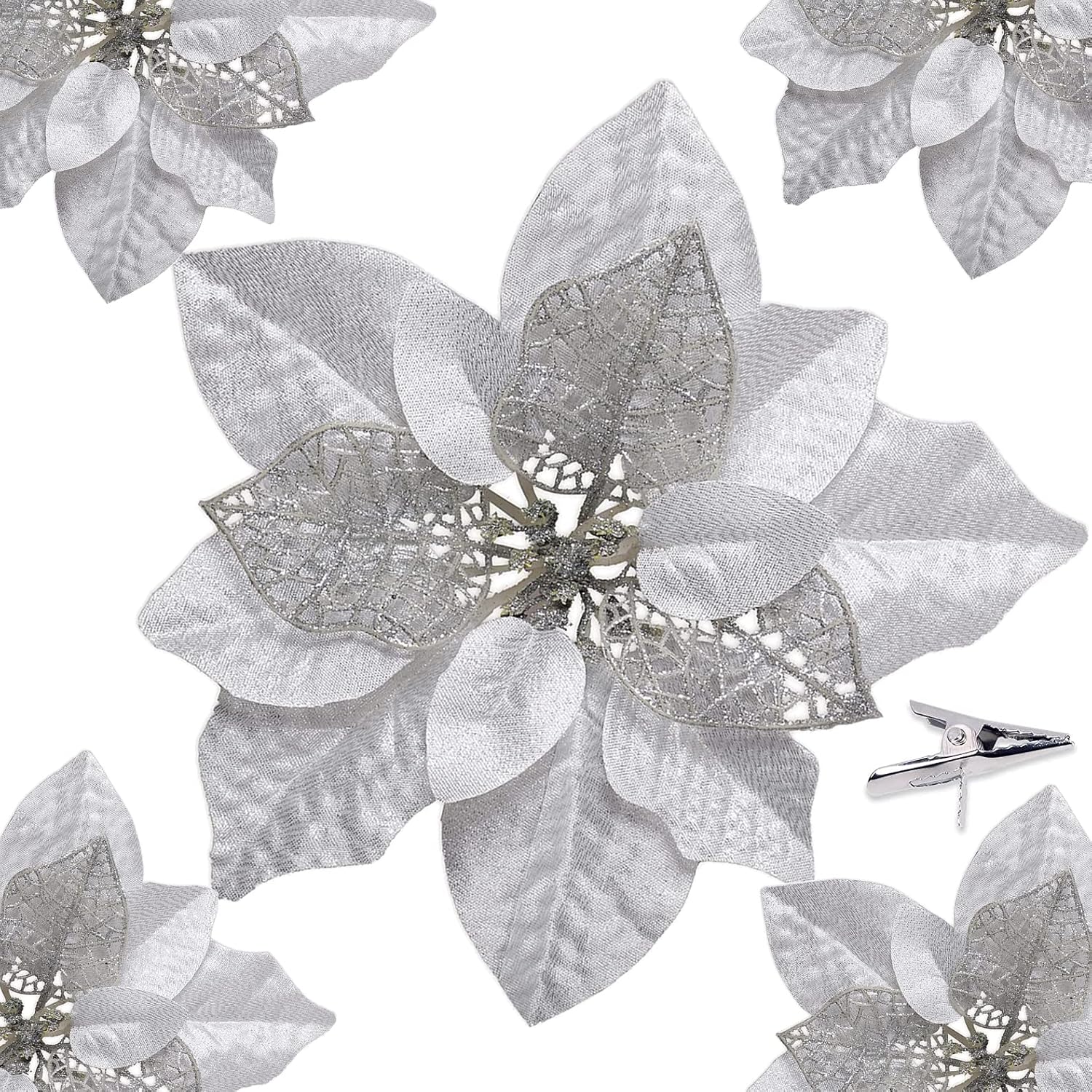 Plobach 15 Pcs Sliver Christmas Glitter Poinsettia Flowers