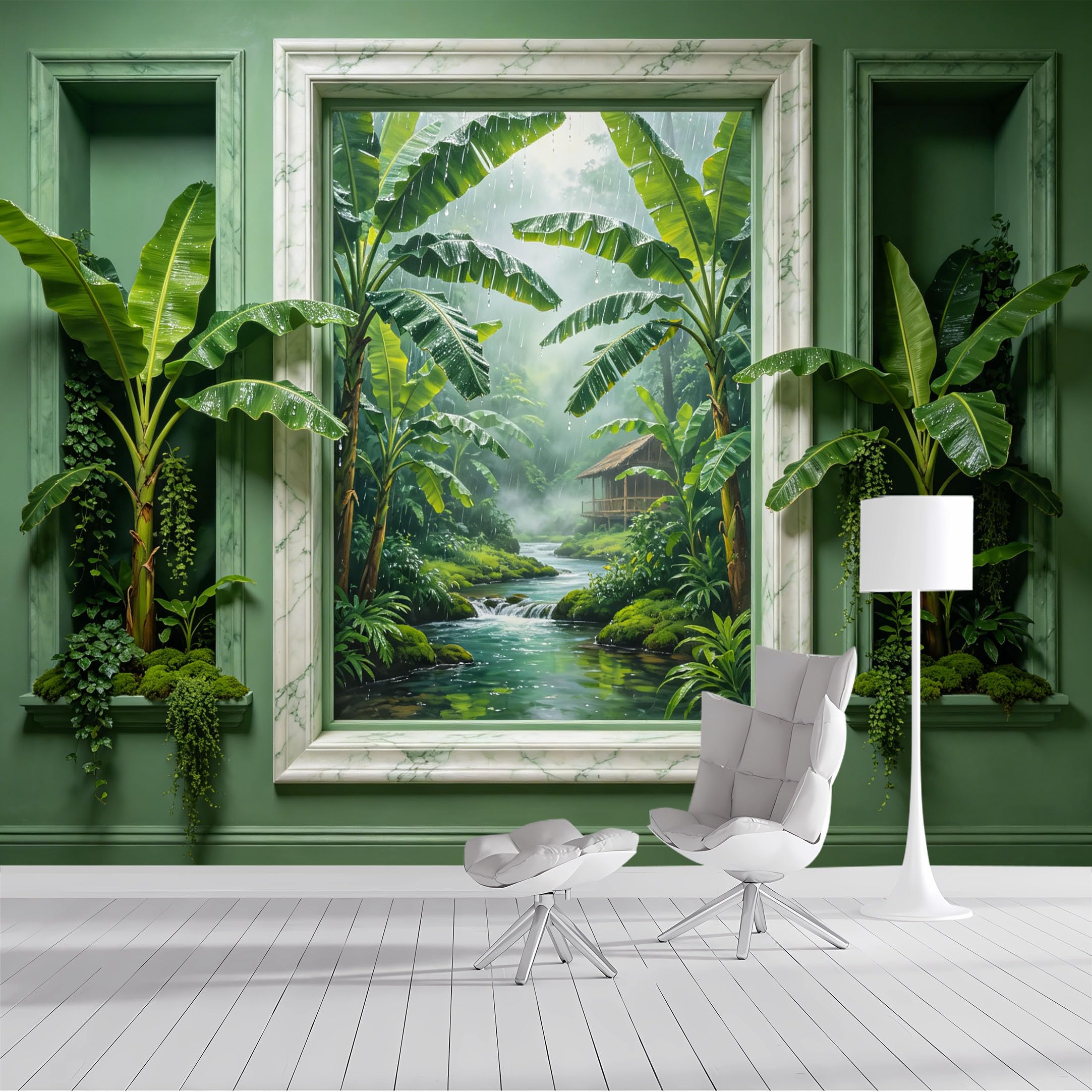Custom Size Wall Mural Tropical Rain Jungle River Window View Oil Painting SelfAdhesive Wall Fabric Removable Wallpaper Wall Decor for Living Room Bedroom Bathroom