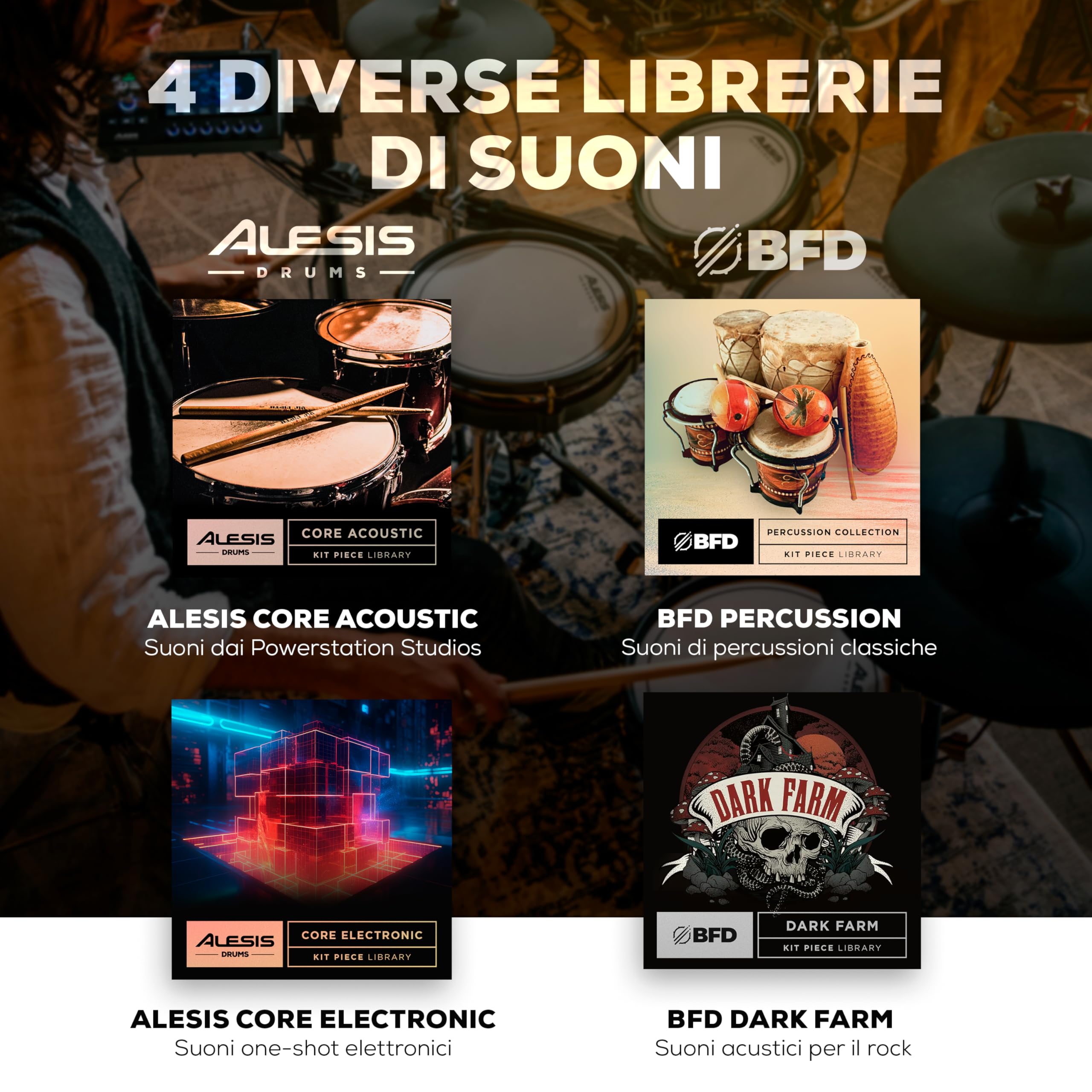 Alesis Strata Core Batteria Elettronica | Rullante Dual-Zone 12", 3 Tom Dual-Zone, Cassa 8", Piatti ARC Tripla-Zona, Hi-Hat Magnetico, Motore BFD, 370+ Pezzi Kit