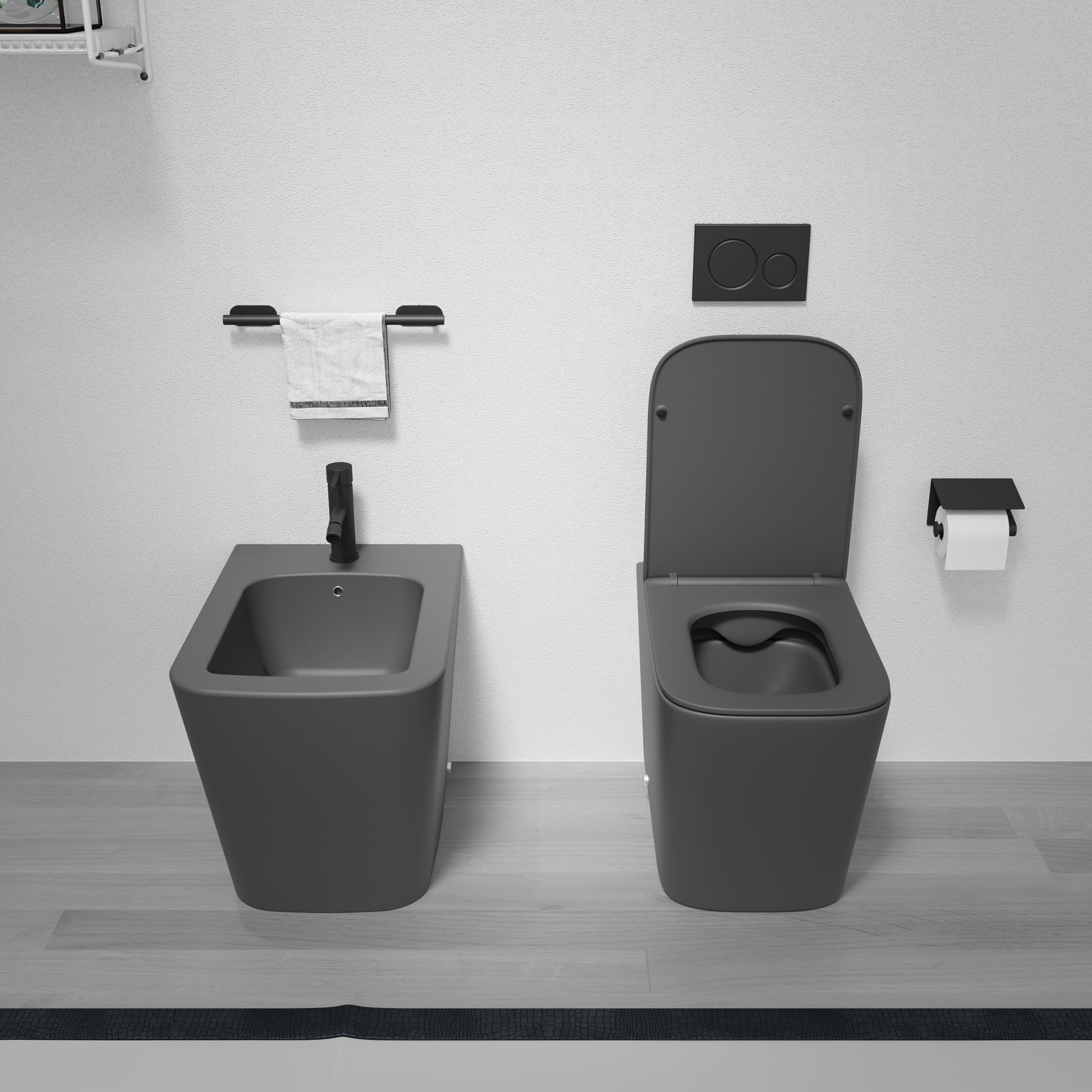 Sanitaires en céramique filomure gris mat cuve sans rebord bidet siège soft-close fermeture lente modèle Londra