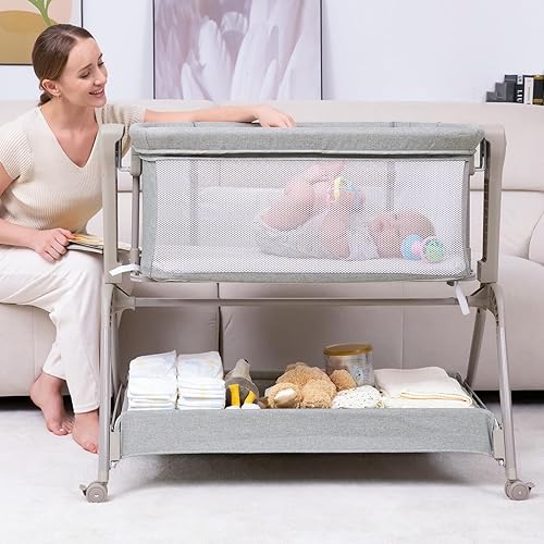 Miniatura 9 de Ezebaby Moisés para bebé, cuna mecedora 3 en 1 con cómodo colchón y ruedas, cuna ajustable de 7 alturas, cuna estable y segura para recién nacido