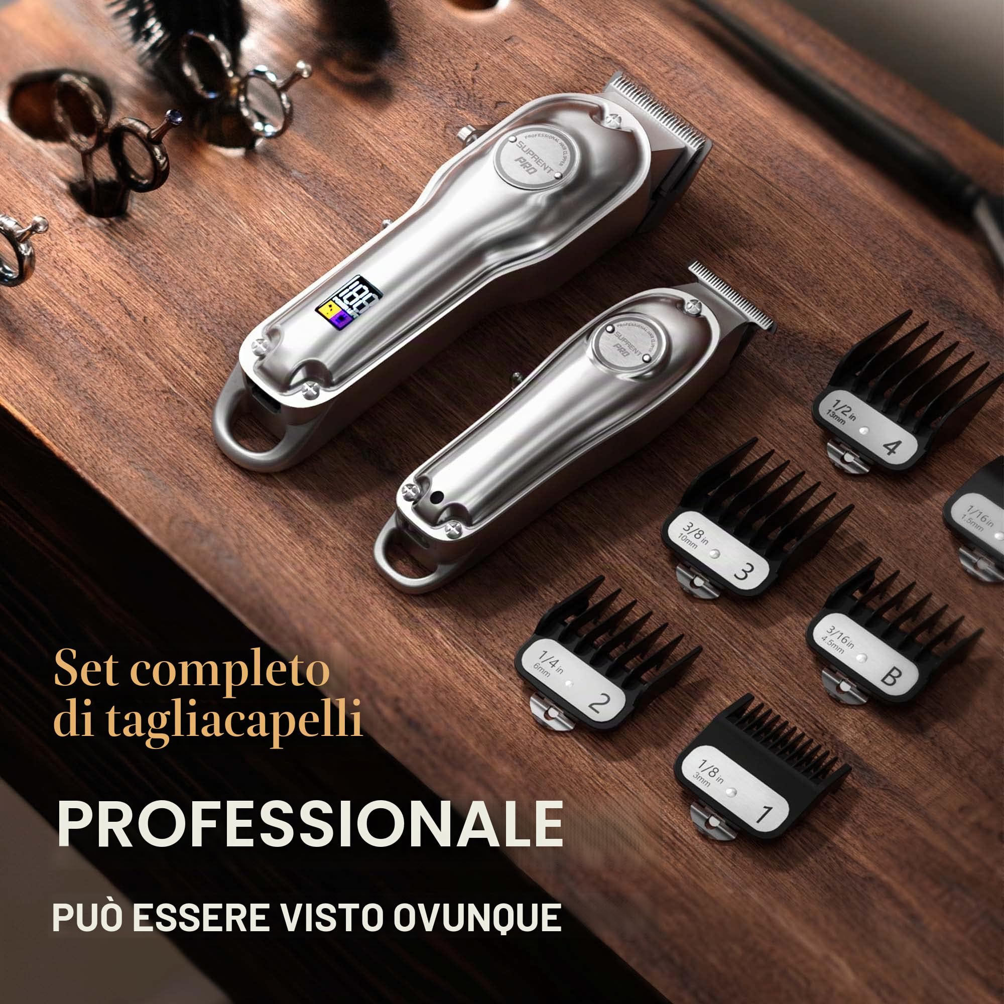 SUPRENT Tagliacapelli Uomo Professionale, Elettrico Taglio Capelli Taglierina Macchinetta senza fili, Regolabarba Uomo Kit con Pettini Guida in acciaio inox (Argento)