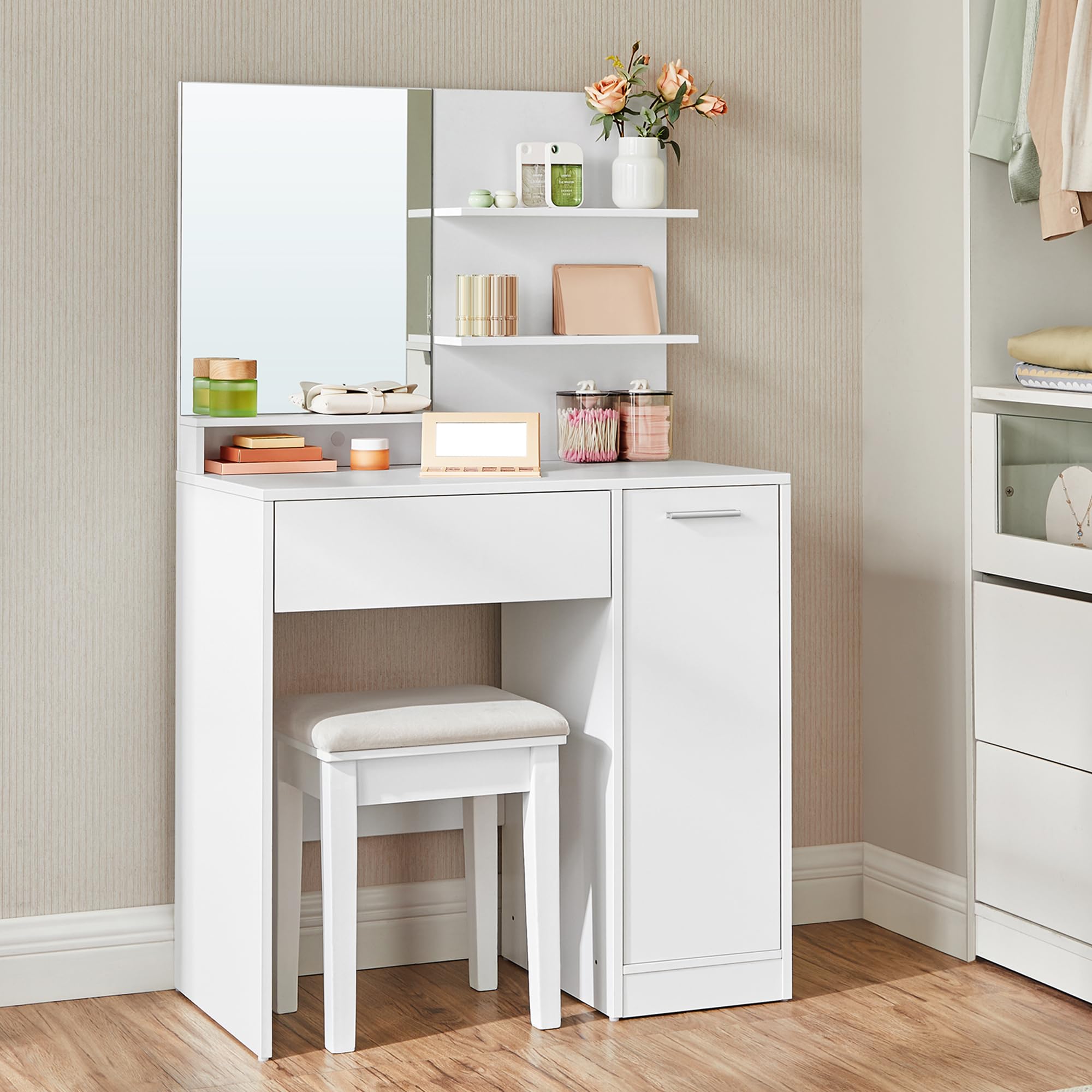 VASAGLE KAILYN Collection - Dressing Table, Vanity Table with Large Mirror, Adjustable Shelves, 1 Drawer, 2 Open Shelves, Modern Makeup Desk, White RDT119W01