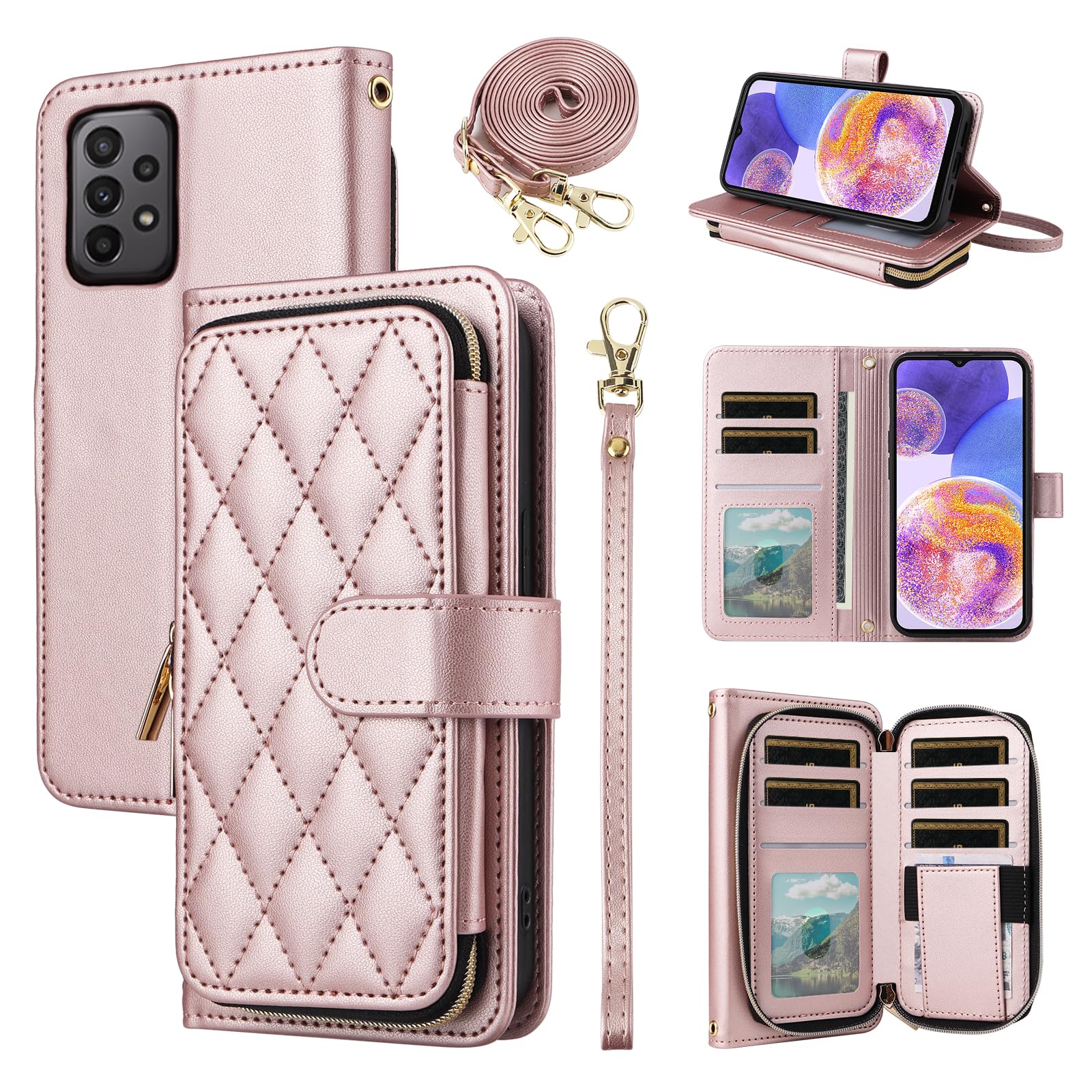Furiet Wallet Case for Samsung Galaxy A32 4G 6.4 inch with Detachable Wrist Strap, 9+ Card Slots Zipper Purse, Luxury PU Leather Stand Full Body Phone