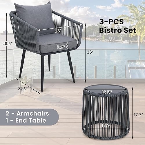 Miniatura 5 de Kromax Juego de 3 piezas de muebles de mimbre para patio, sillas y mesa auxiliar de mimbre para todo tipo de clima, ideal para balcón, porche y