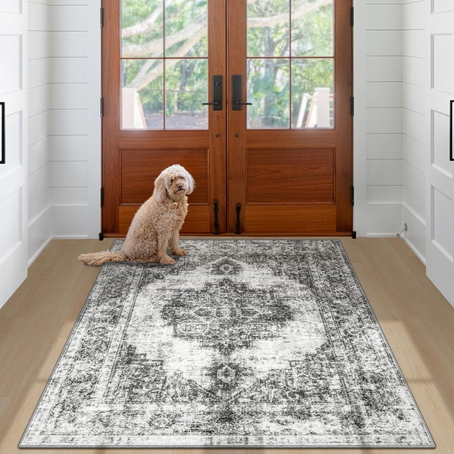 area rug 3x5 vintage rug: washable indoor medallion rug low pile distressed floor carpet retro accent doormat for bedroom bathroom hallway kitchen home office(black, 3'x5') black 3' x 5' (rectangular)