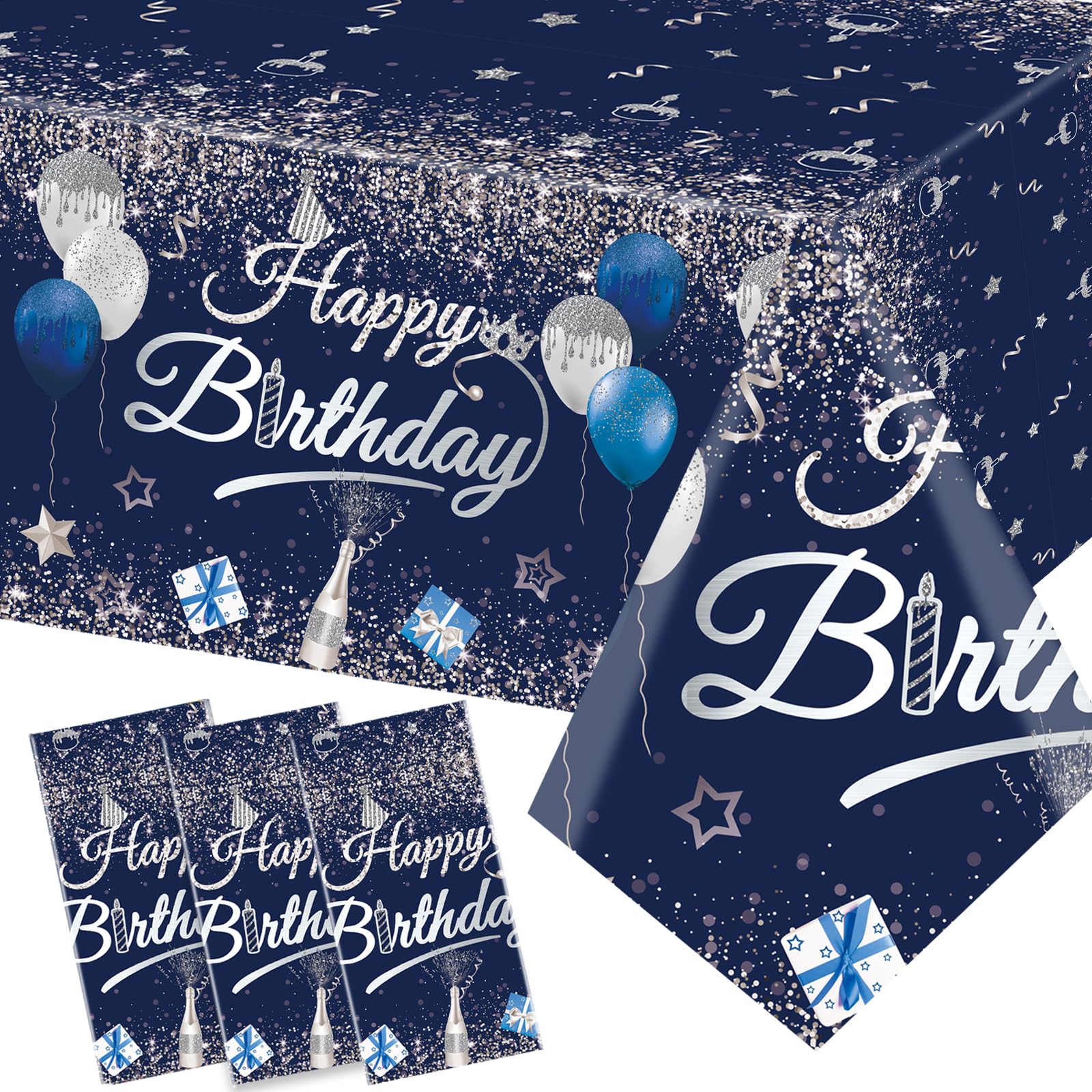 ADLKGG Happy Birthday Decorations Navy Blue and Silver Birthday Tablecloth Party Supplies Stars Happy Birthday Tablecloths for Kids Boys Girls Birthday Party Decorations (Navy and Silver, 3 Pack)