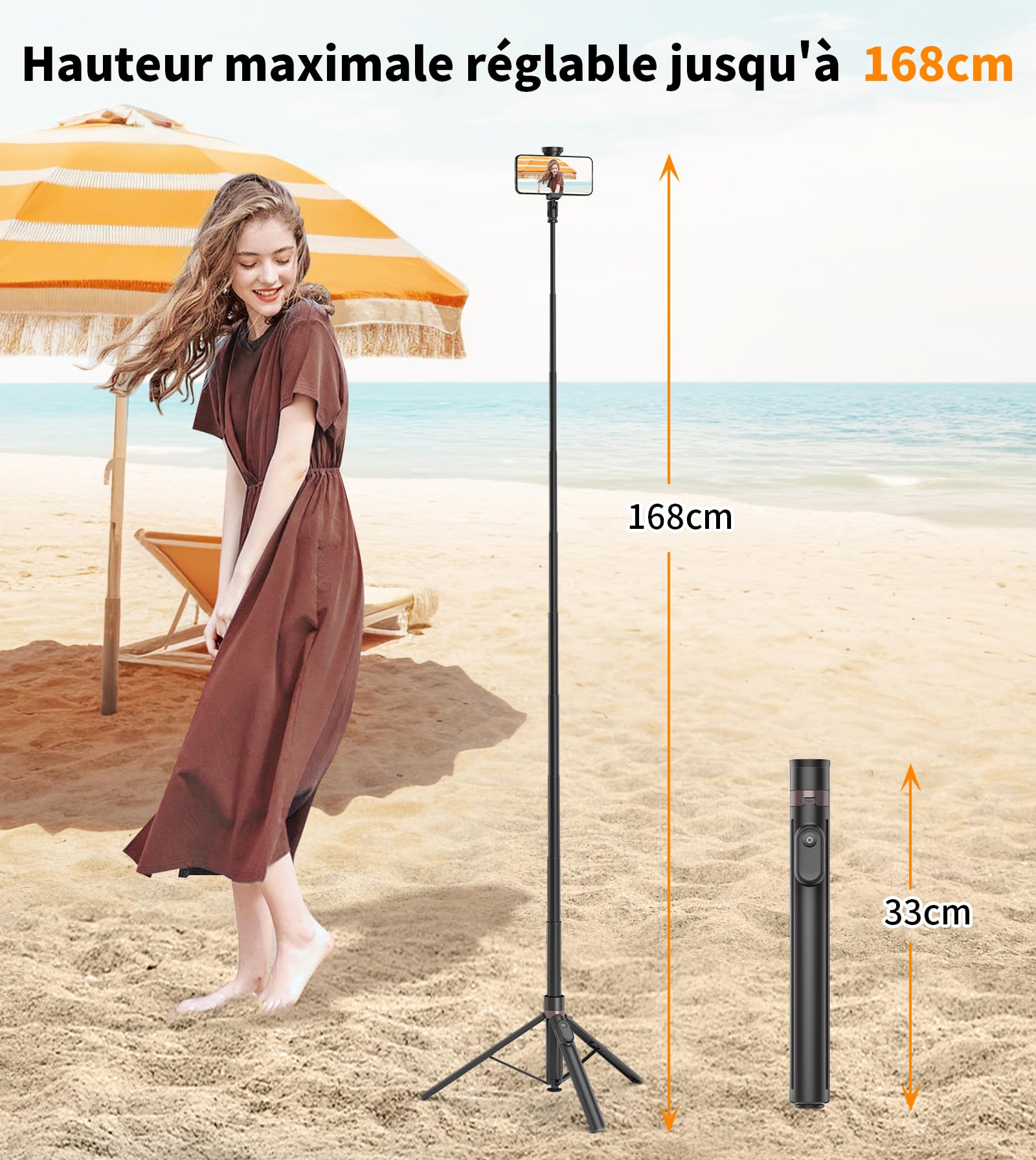 TONEOF 168cm Perche Selfie Trépied à Ouverture Automatique, Monopods Trepied Téléphone avec Télécommande Magnétique Rechargeable,Support Rotatif à 360° à 2 Axes,Trépied Stable pour iPhone/Android-Noir