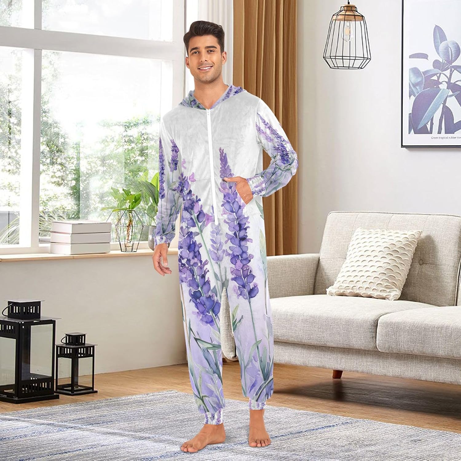 ALAZA Purple Lavender Floral A Adult Onesie Pajamas for Unisex Novelty One Piece Costume Sleepwear