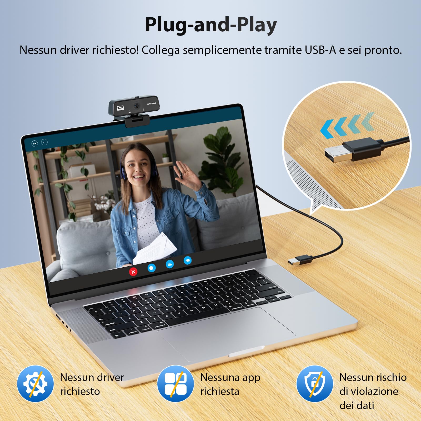 veorkide Webcam PC con Microfono UHD 4K - Web Camera PC USB Autofocus 30 FPS Videocamera Plug-and-Play per Streaming Professionale Laptop Desktop Skype Zoom Teams MacOS Windows Linux