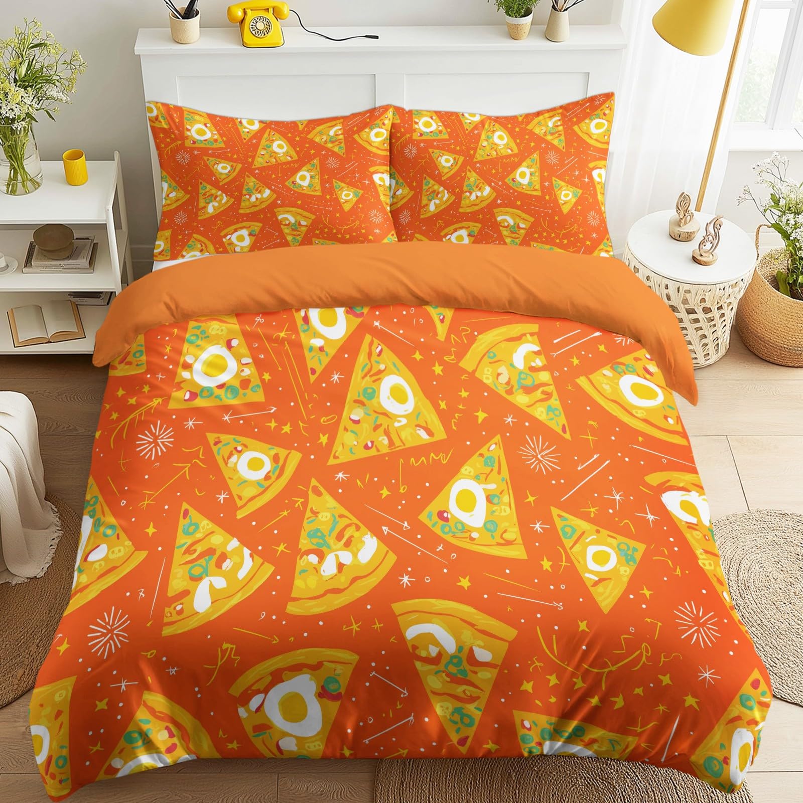 Biancheria da letto moderna e allegra, 200 x 200 cm, Energy Fun Fast Food Pizza, in microfibra, con chiusura lampo, include 1 copripiumino e 2 federe, per bambini