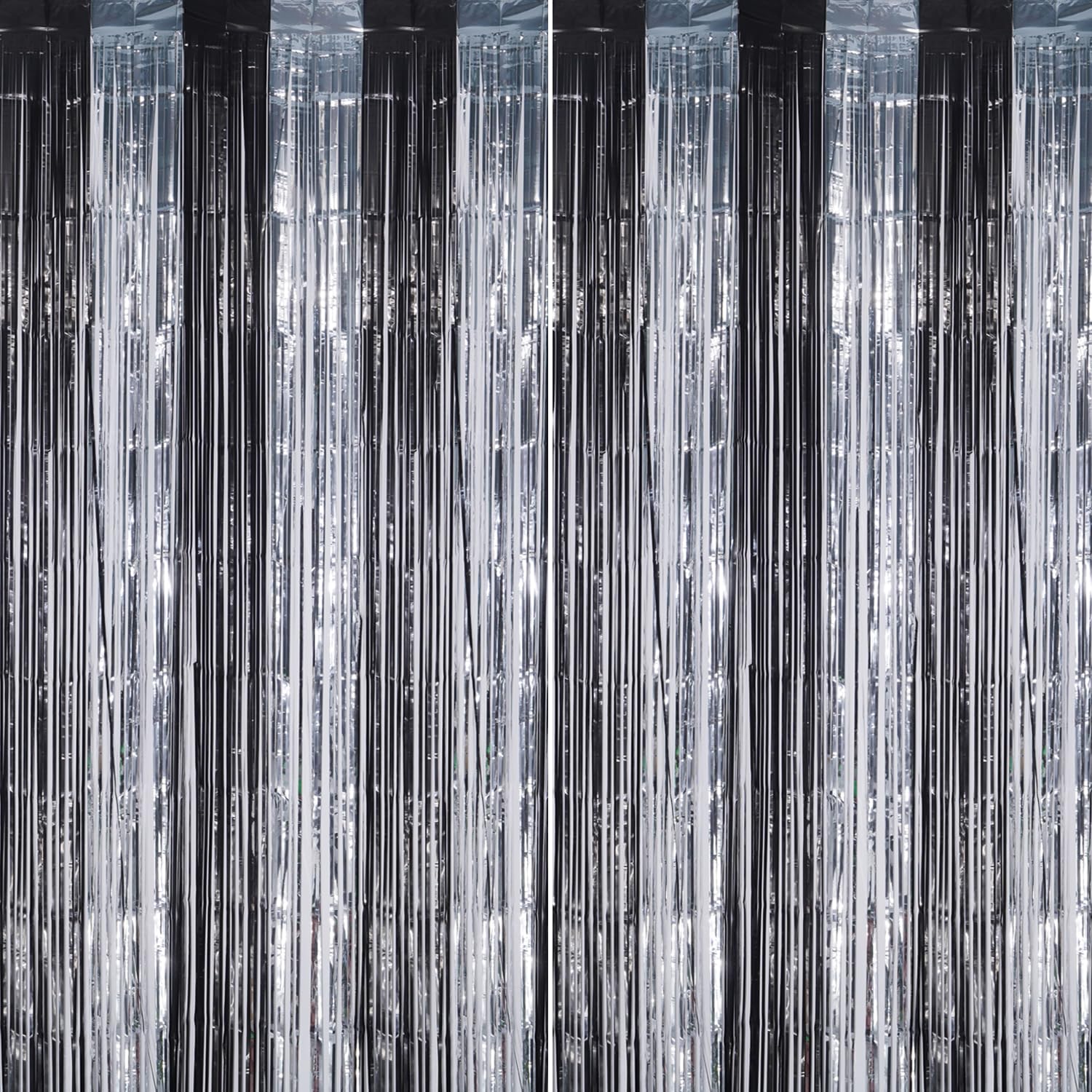 DECOCKRAT 2 Pack Foil Fringe Backdrop - Black&amp;Silver Shiny Tinsel Curtains for Party Decoration/Photo Booth Props - 3.3x6.6 FT Metallic Foil Backdrop for Birthday, Wedding, Graduation, Christmas.
