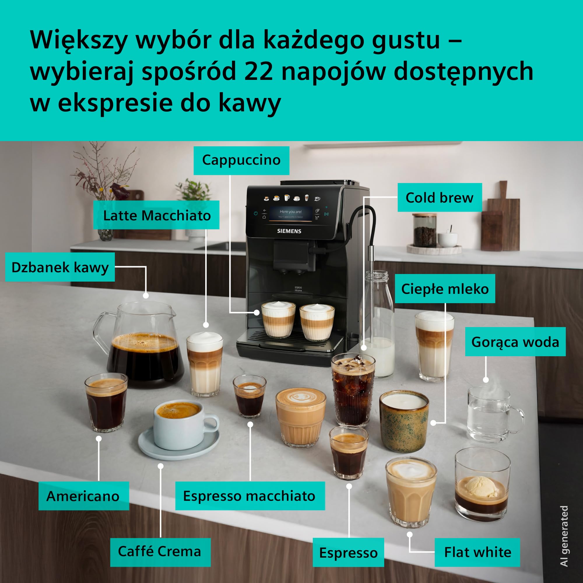 Siemens EQ600 iAroma, automatyczny ekspres do kawy z młynkiem i ekranem dotykowym, do kaw i napojów mlecznych do 480 ml, czarny, TP601E09