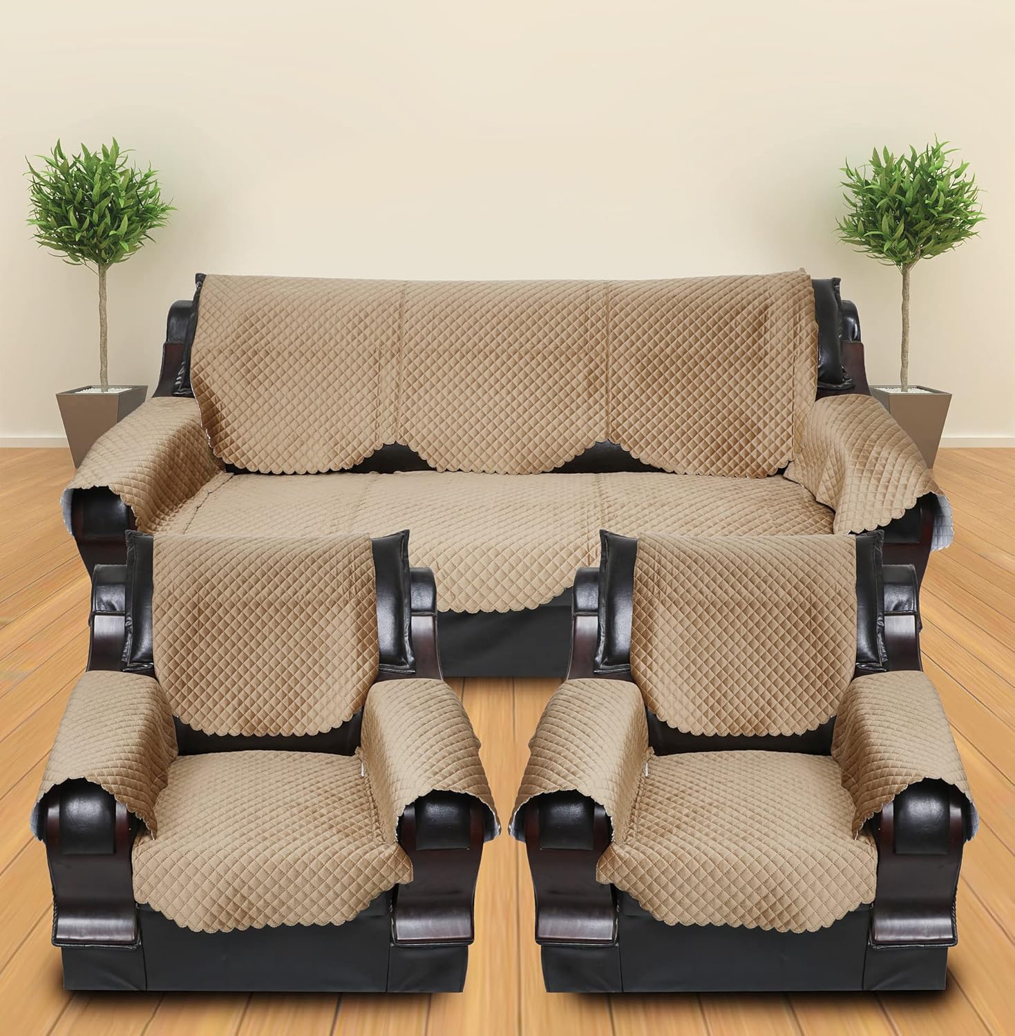 KINGLY Velvet Fabric Plain Quilt Sofa and Chair Covers Set of 5 Seater