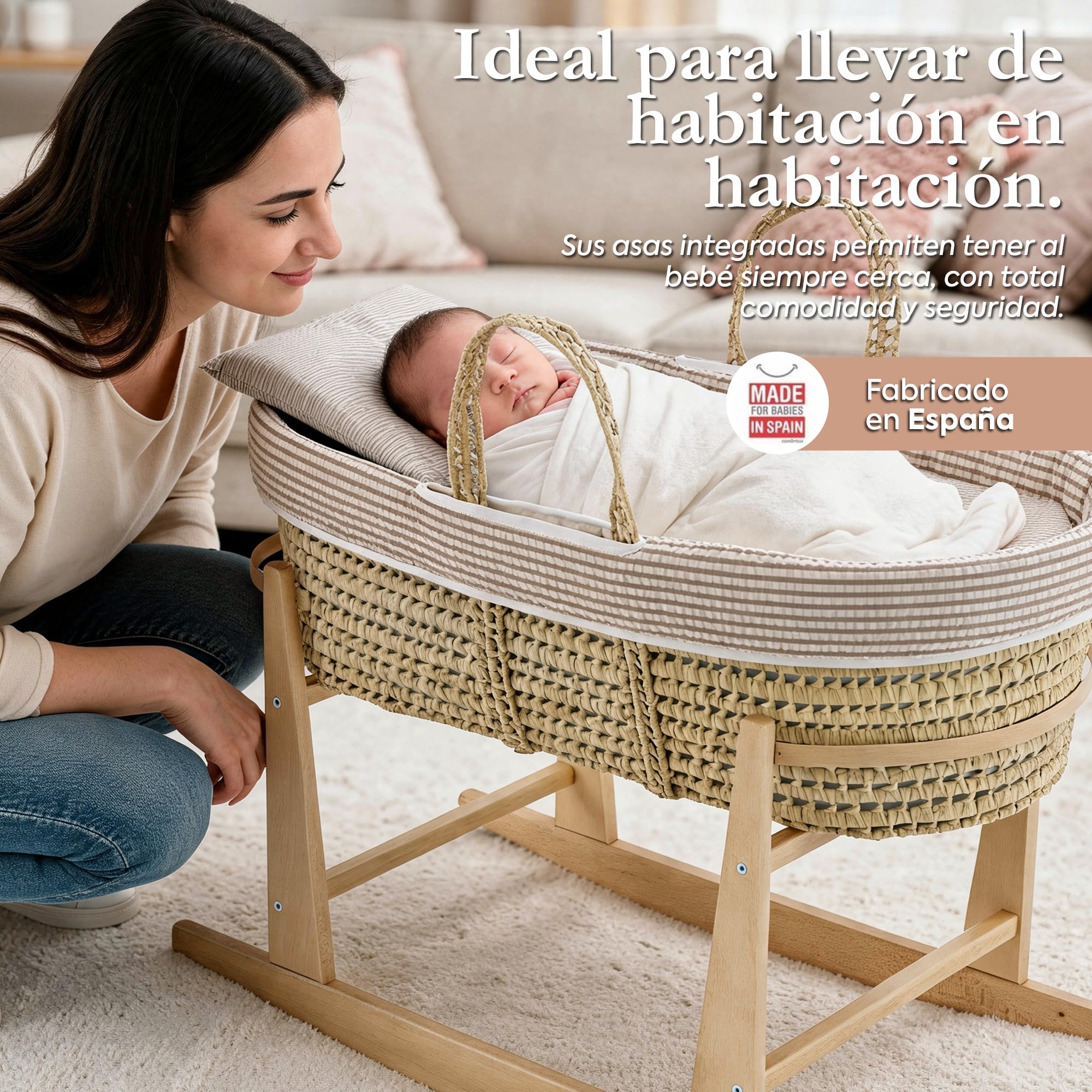 Cambrass-moisés para bebé con Soporte de Madera-capazo de Palma para los Primeros Meses del bebé-moisés de Mimbre con Asas para facilitar su traslado - Abete Beige/Natural 39x80x25 Cm