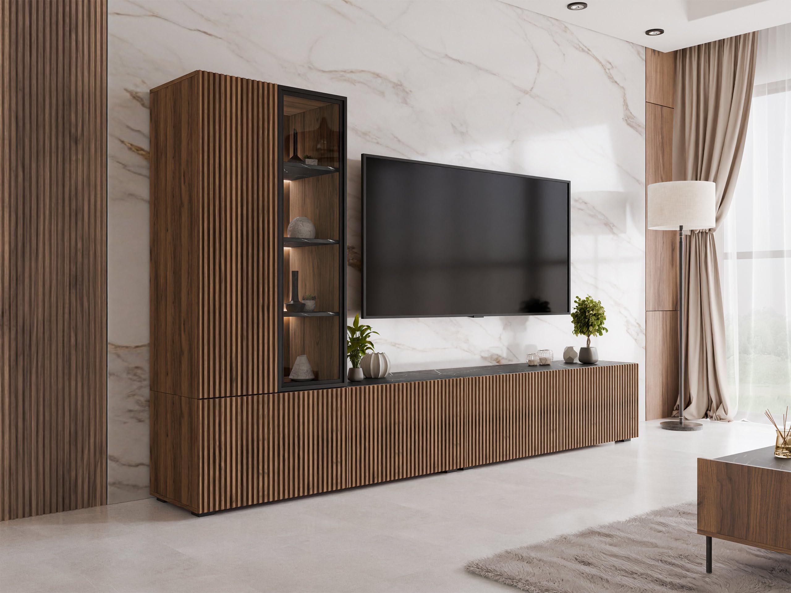 Mirjan24 Wohnwand Tiwori, Wohnmöbel, Elegantes Wohnzimmer-Set mit weißer LED-Beleuchtung, Griffloses Öffnungssystem, Wohnzimmer Kollektion, Stilvolle Anbauwand (Nuss Warmia + Marmor Schwarz)