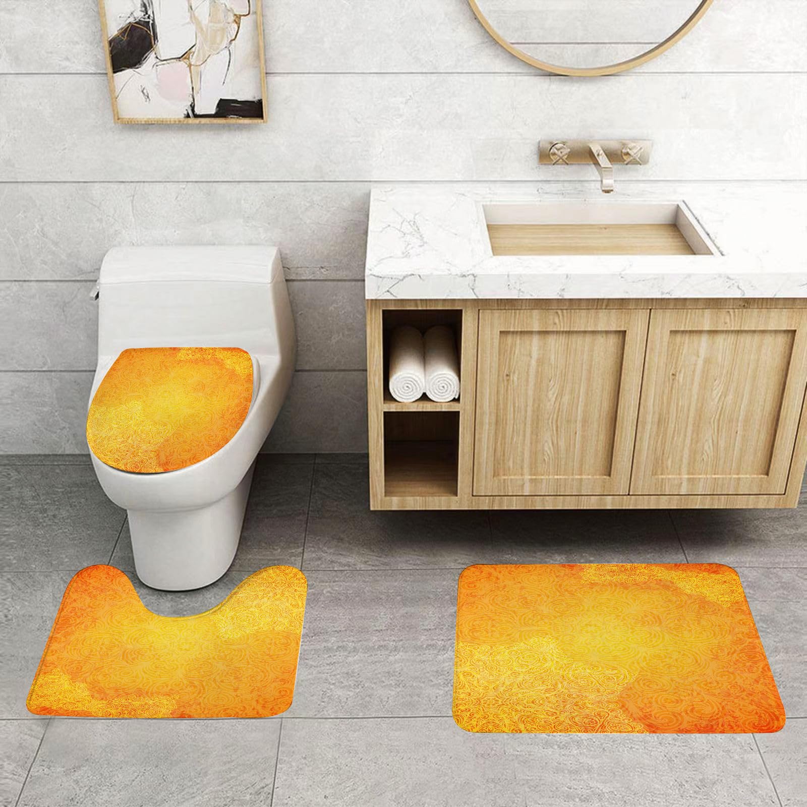 Set di 3 tappetini da Bagno, Lavabili in Lavatrice e Antiscivolo, tappetini in Morbida Fibra Superfine, Mandala Giallo, Motivo Tribale Indiano Arancione Vintage Grunge Riccio ornat