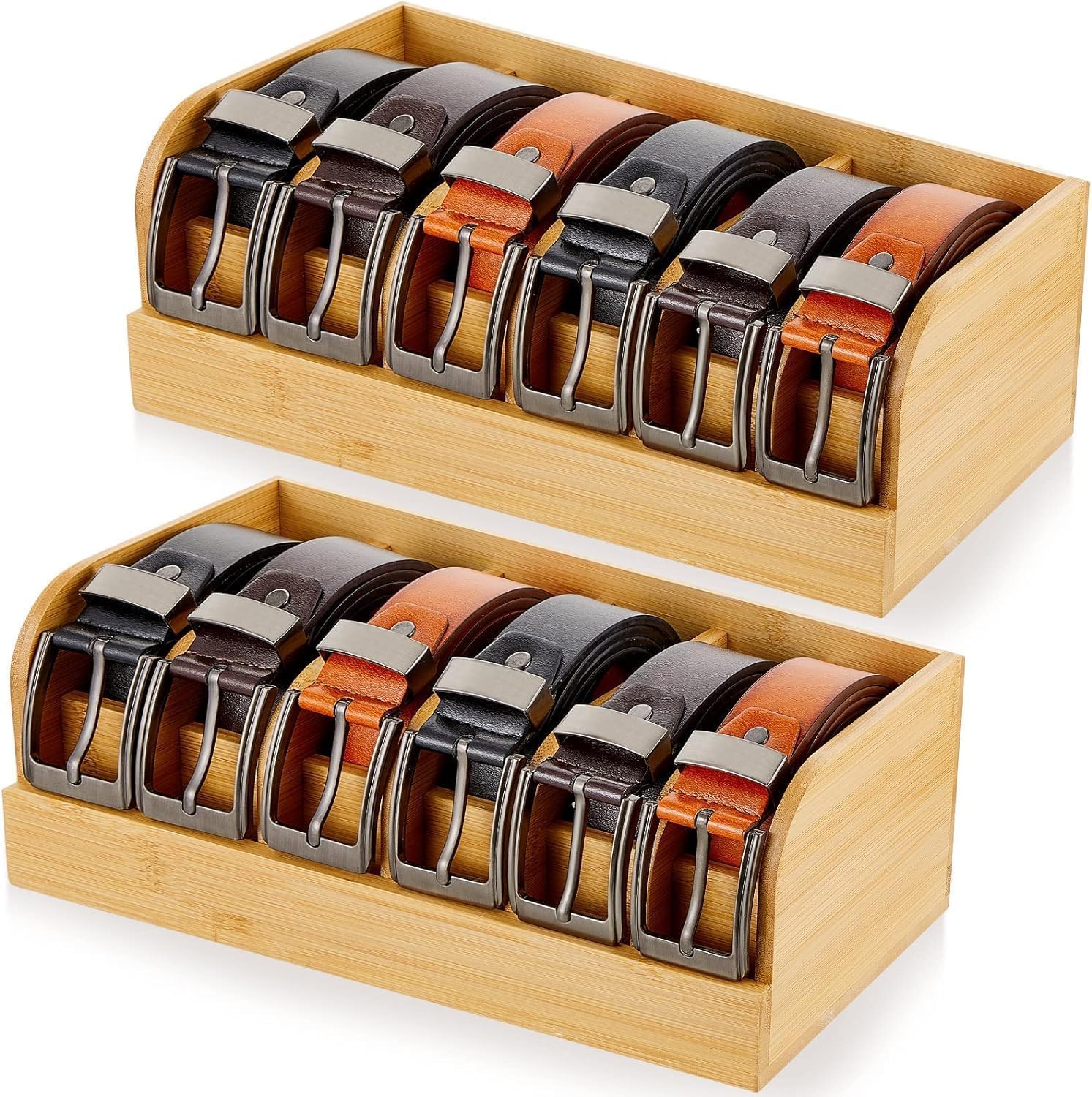 Pseul 2 Pack Belt Storage Organizer, Bamboo Belt Organizer Box, 6 Compartments Belt Rack with Display Stand, Bamboo Belt Display Box Case Closet Belt Storage Hanger Shelf for Men Women