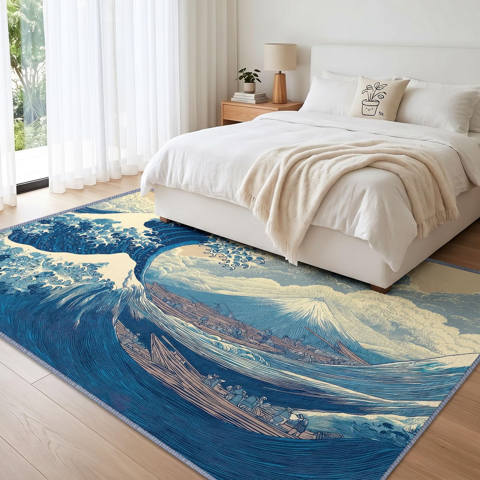 Alfombra japonesa Ukiyo-e lavable para salón, 180 x 240 cm, con ondas grandes de escarcha, suave, antideslizante, de pelo corto, alfombra grande para dormitorio, cama, comedor, oficina