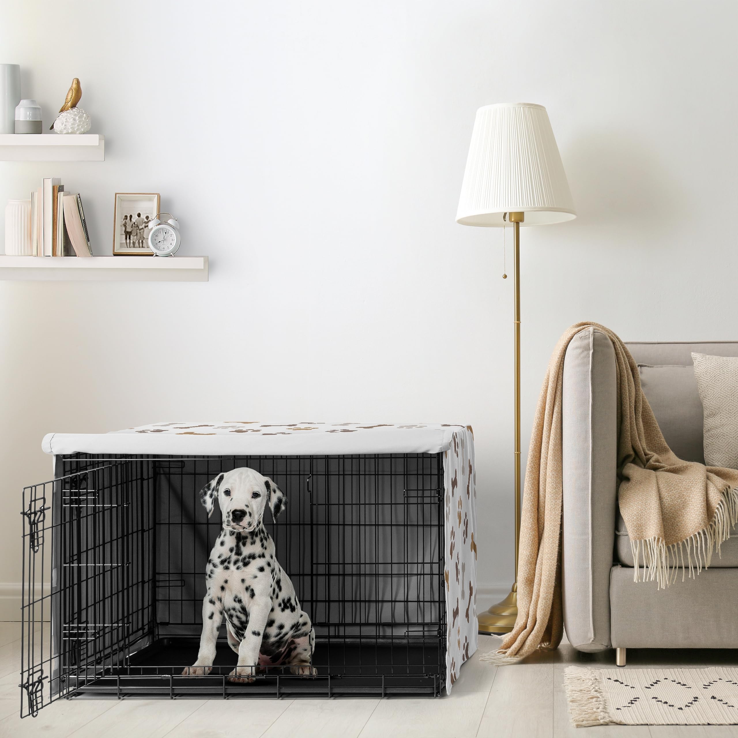 Sweet Jojo Designs Hundekäfig-Abdeckung mit Knochenpfotenabdruck, Hundehüttenabdeckung für 91,4 cm Haustierkäfig, Größe M, neutrales Grau, Taupe, Braun, modern, gebrochenes Weiß, Grau, Hellbraun